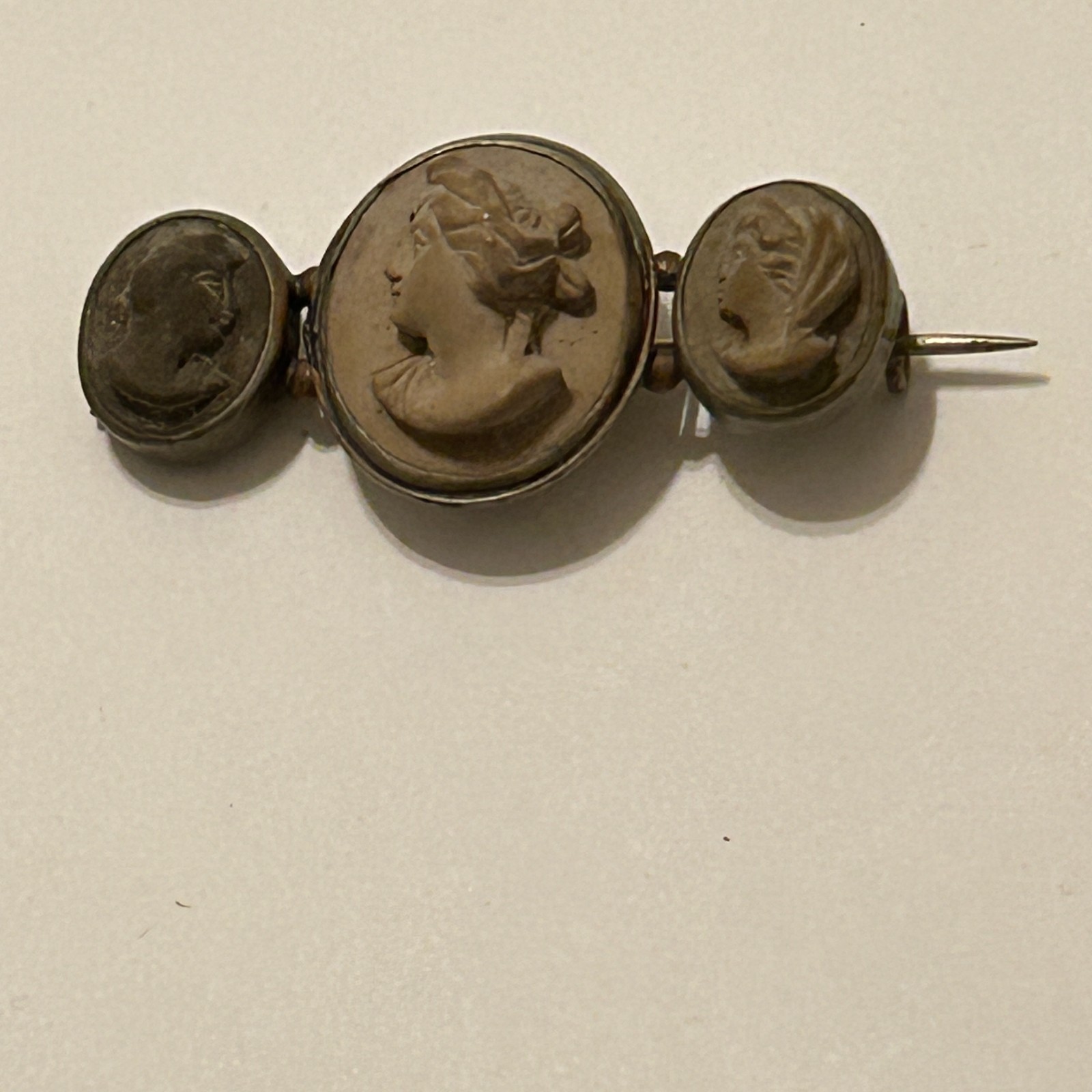 Antique Victorian Carved Lava Triple Cameo Triptych Greek Muse Brooch