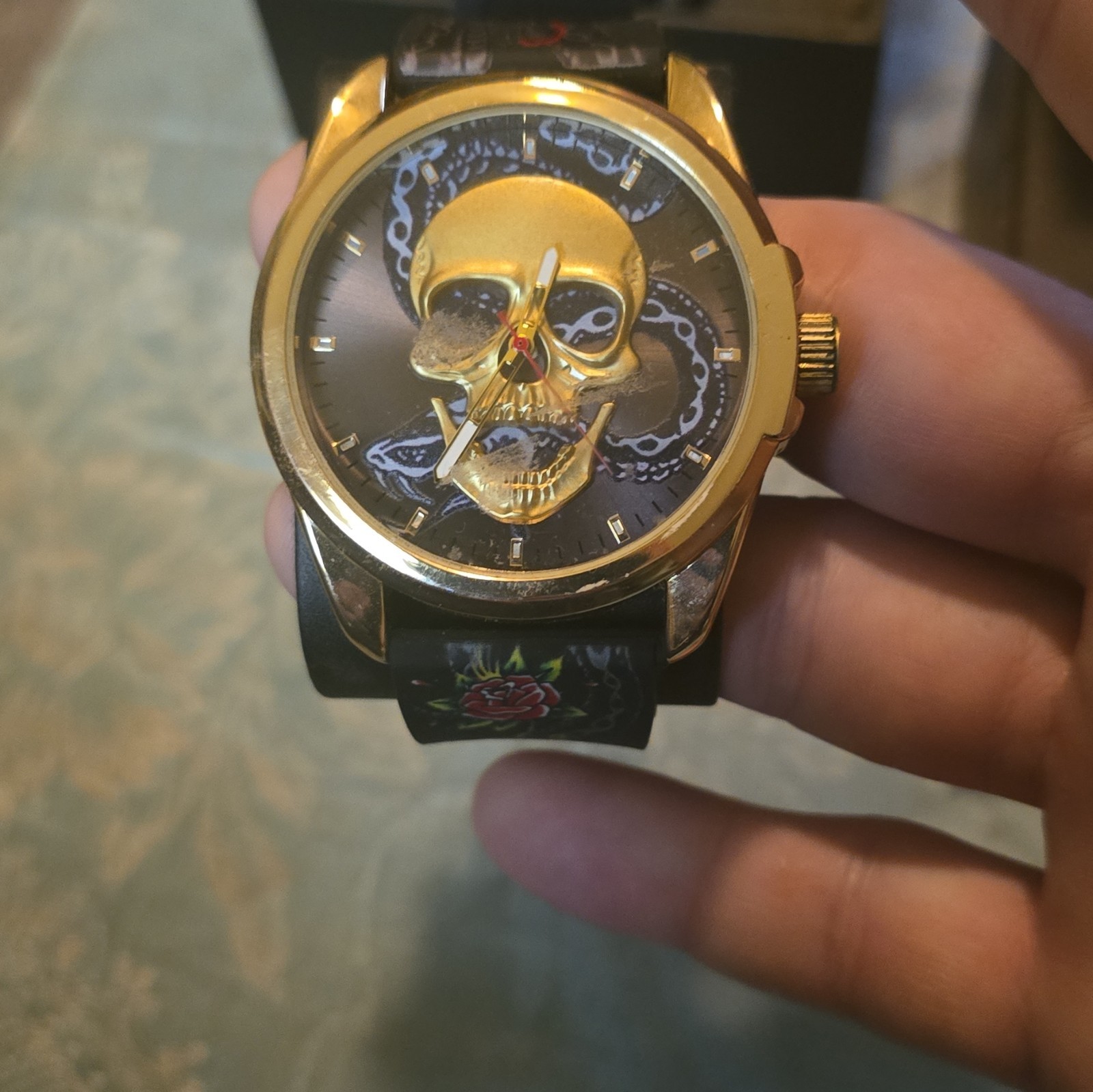 Ed Hardy Men’s Golden Skullface Watch Black Sneak Floral Strap New Ed Hardy Men’s Golden Skullface Watch Black Sneak Floral Strap New