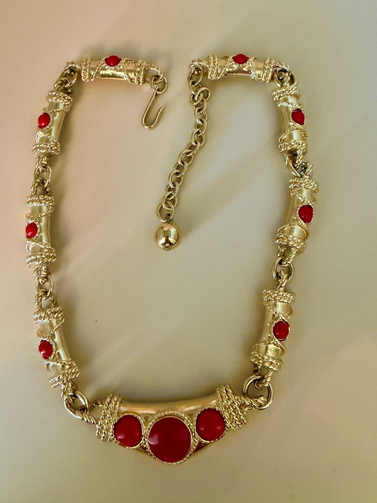 Estate Necklace Vtg Statement Etruscan Revival Red Cabochon Gold Tone Signed A