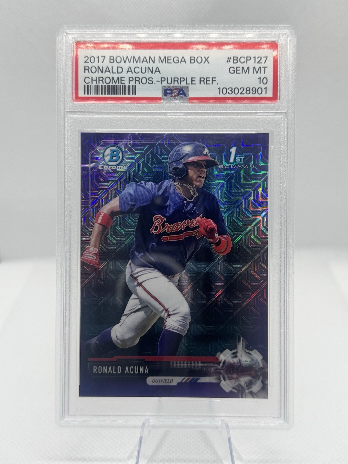 2017 Bowman Chrome Ronald Acuña Jr. #BCP127 Purple Refractor /250 Rookie Psa 10 2017 Bowman Chrome Ronald Acuña Jr. #BCP127 Purple Refractor /250 Rookie Psa 10