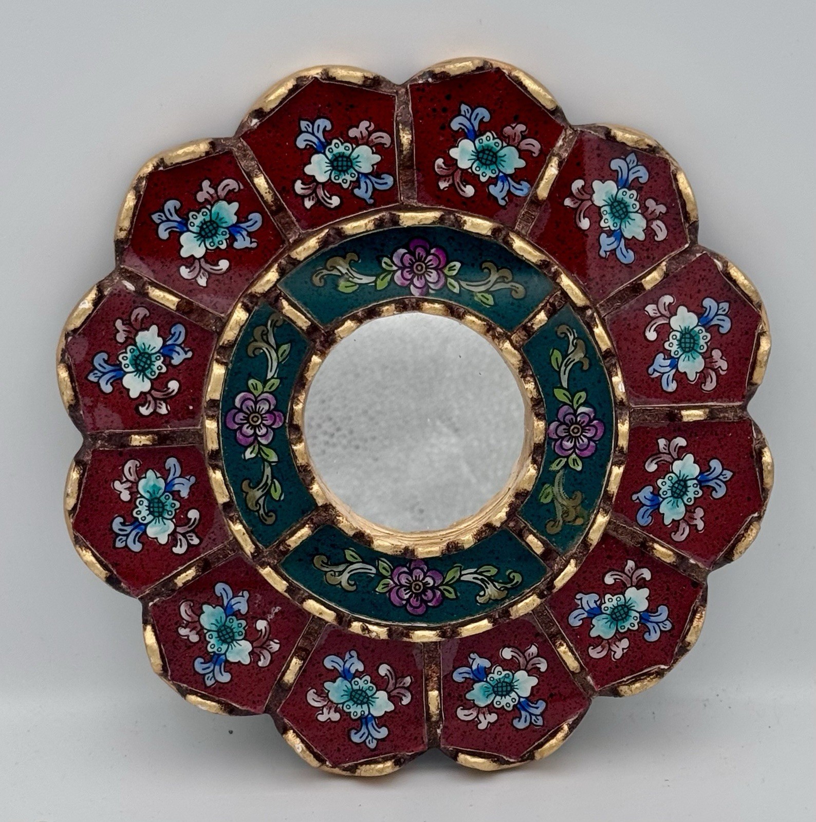 Vintage TUMI Hand Painted Peruvian Cuscajos Round Mirror Wooden Wall Hanging 8”