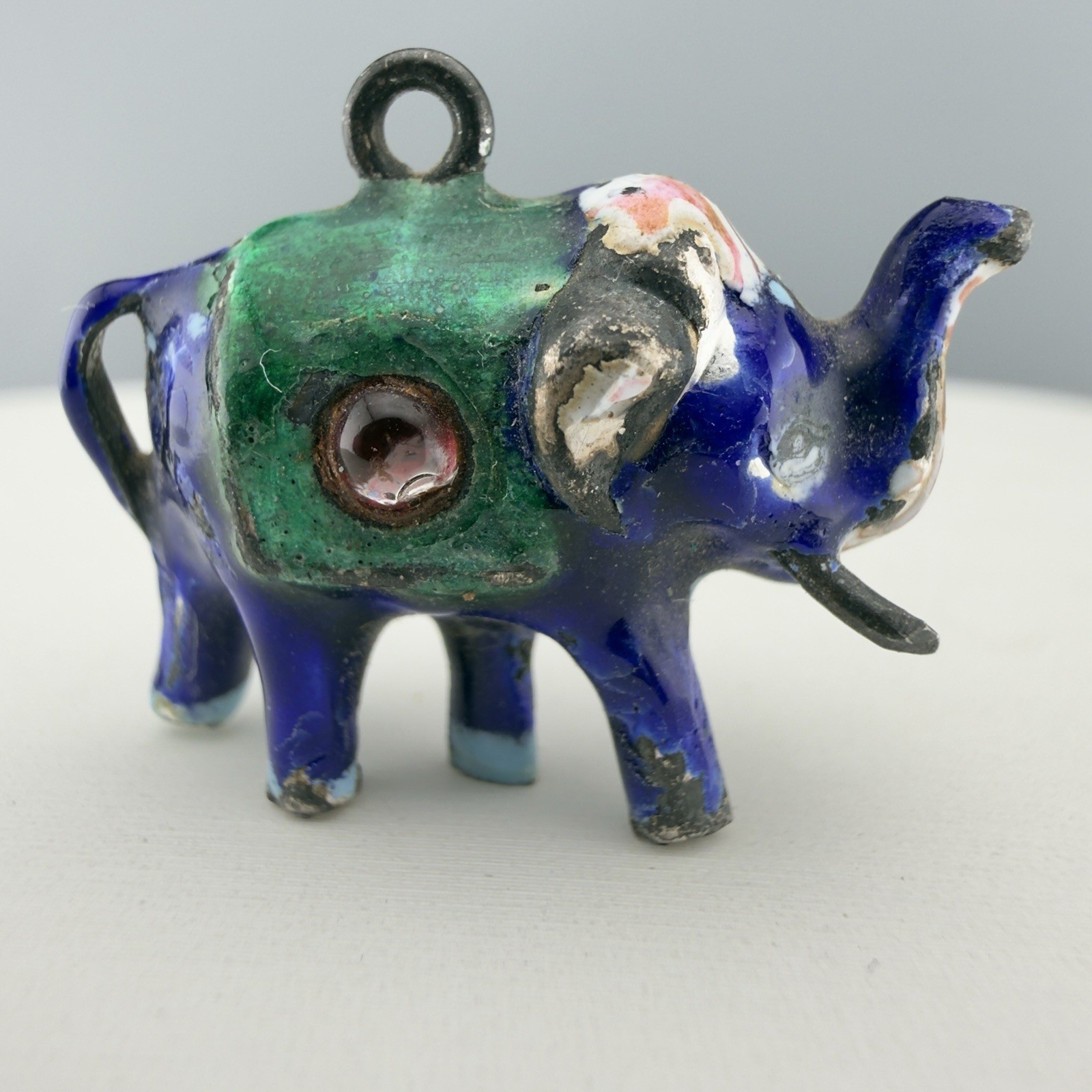 Vintage Enamel Over Silver Elephant Pendant Trunk Up Good Luck Meenakari