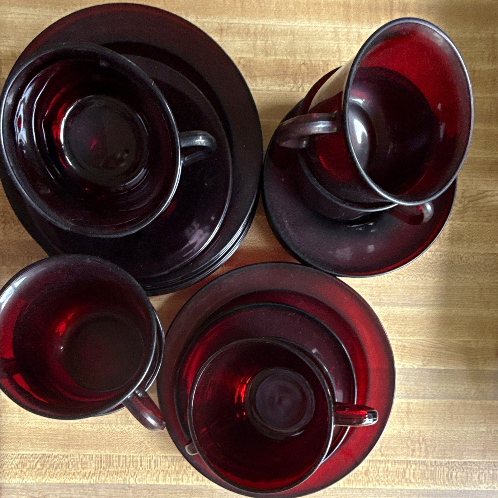 Arcoroc Ruby Red Glass Cup & Saucer Mixed Set Cranberry Pressed France Arcoroc Ruby Red Glass Cup & Saucer Mixed Set Cranberry Pressed France