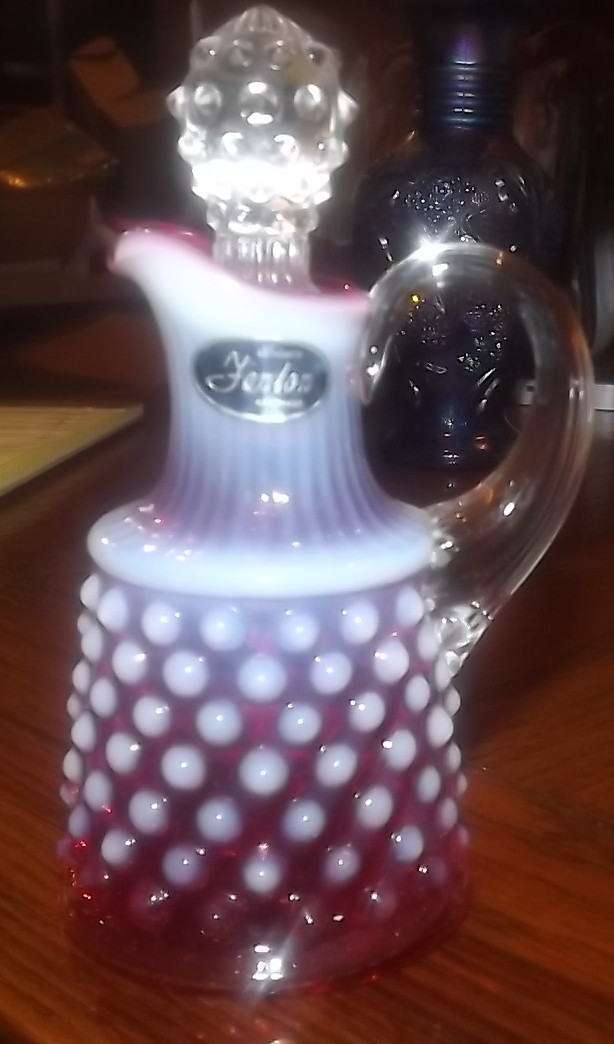 Fenton Glass Cranberry opalescent Hobnail cruet w/stopper and sticker