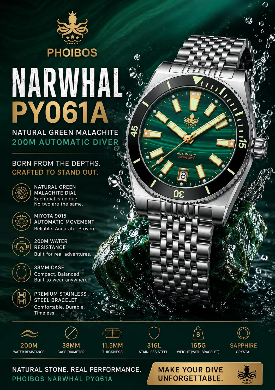 PHOIBOS Narwhal PY061A – Natural Green Malachite – 200M Automatic Diver