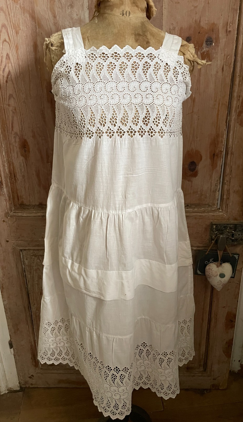Antique 1930s French Chemise Handmade Cotton Broderie Anglaise Drop Waist Sz M