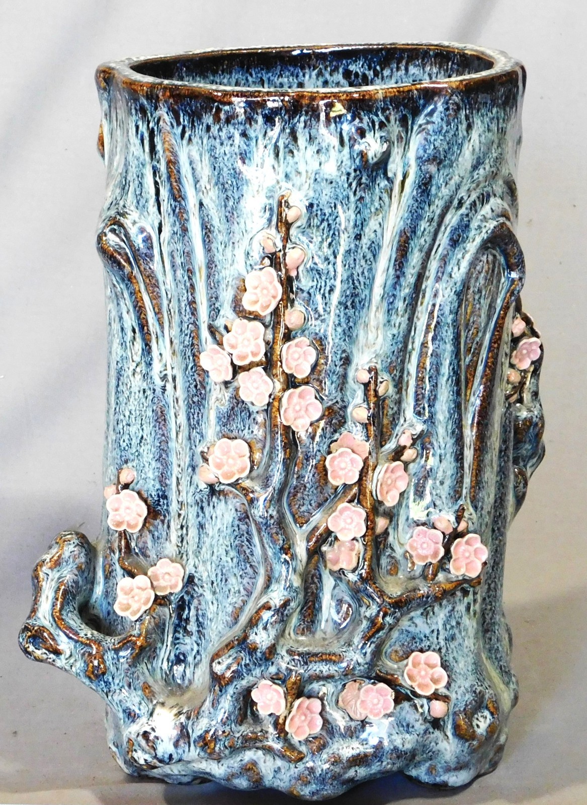 Japanese Meiji Tree Form Vase Plum Blossom Relief Flambe Makuzu Kozan Attributed