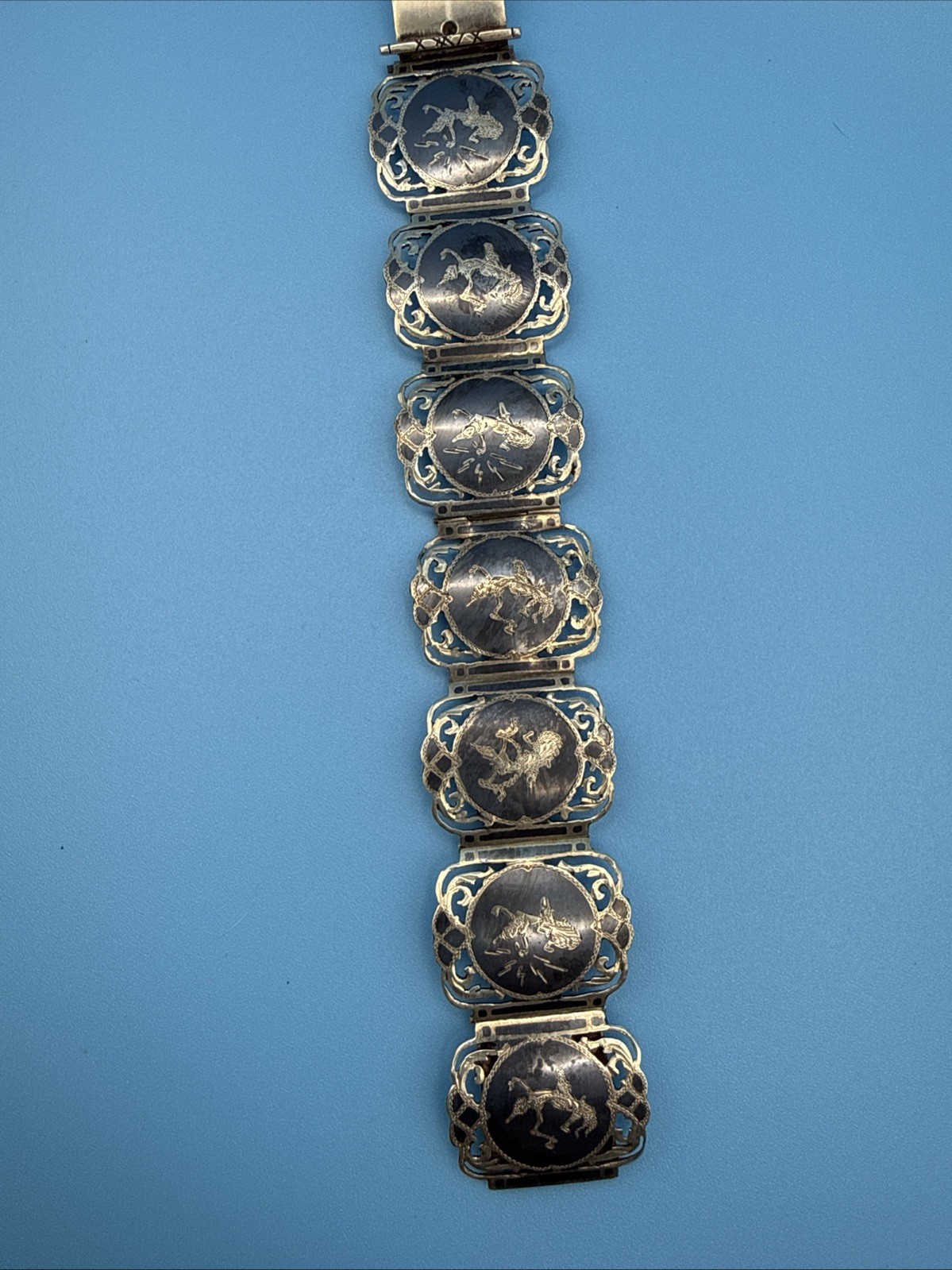 Vintage Thai Silver Siam Niello Enamel Panel Bracelet 7.25\ Vintage Thai Silver Siam Niello Enamel Panel Bracelet 7.25\