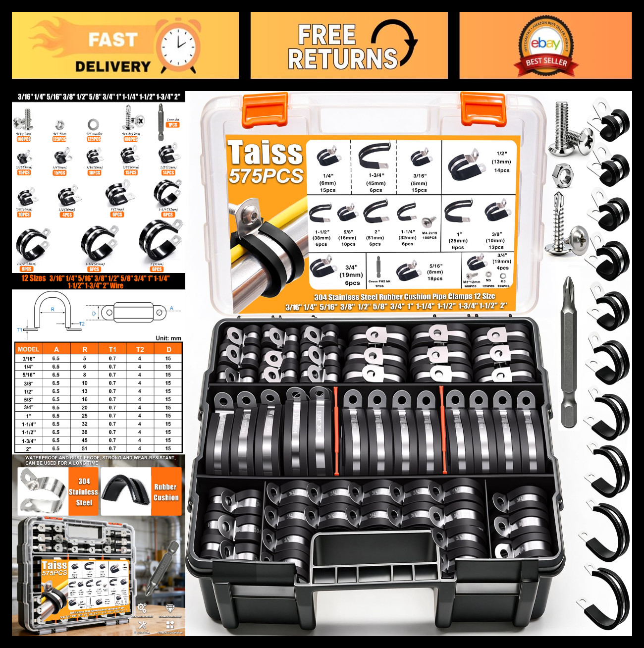 575Pcs Cable Clamp Assortment Kit - Stainless Steel, 12 Sizes, Anti-Vibration Ru 575Pcs Cable Clamp Assortment Kit - Stainless Steel, 12 Sizes, Anti-Vibration Ru