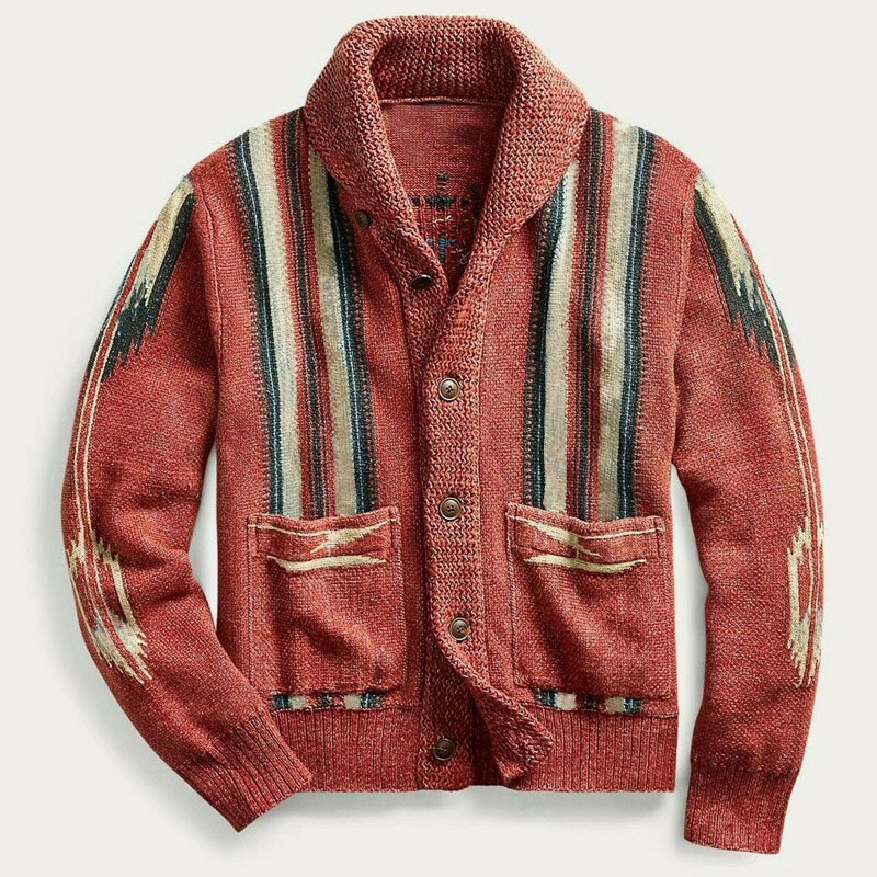 Red Mens Cardigan Knit Sweater Autumn Winter Vintage Print Sleeve Lapel Coat
