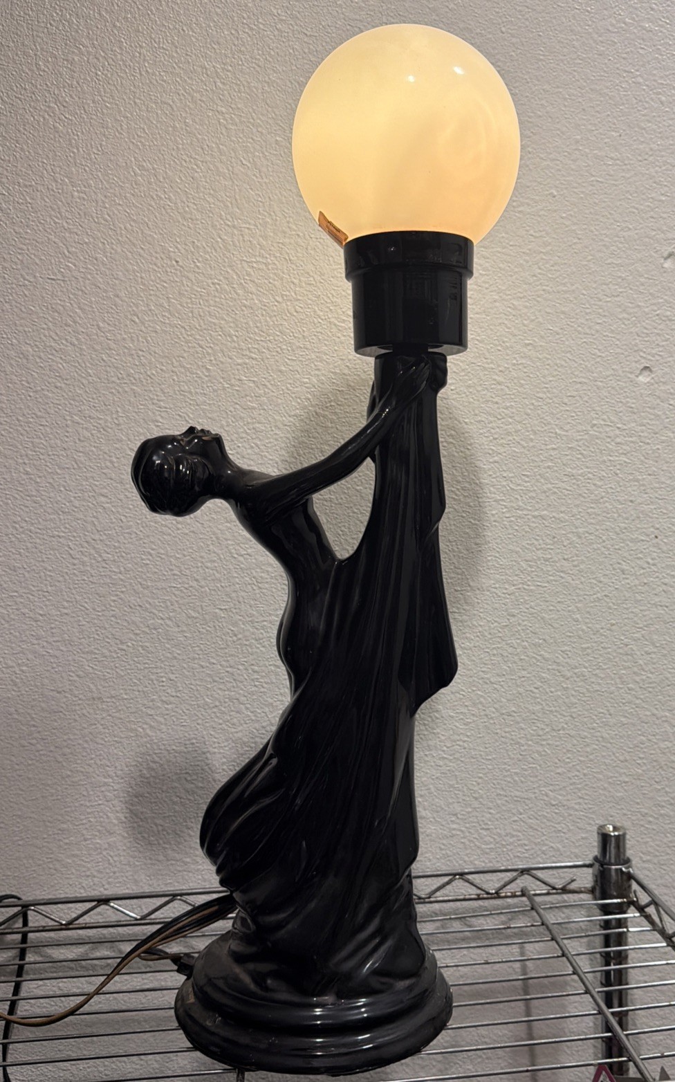 Vintage Art Deco Black Ceramic NUDE LADY Holding Opal Glass GLOBE Table Lamp 70s Vintage Art Deco Black Ceramic NUDE LADY Holding Opal Glass GLOBE Table Lamp 70s