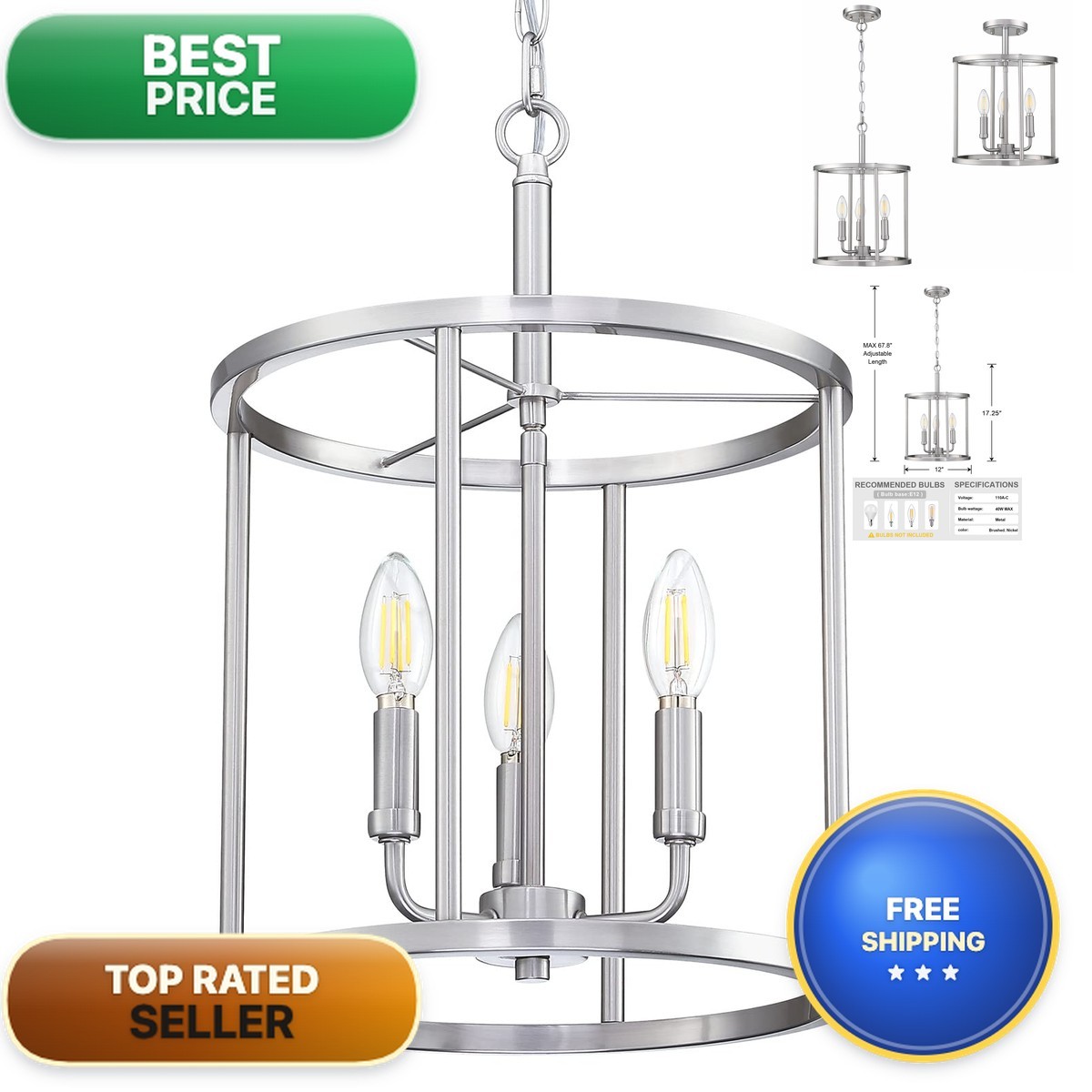 Doraimi Lighting 3-Light Hanging Lantern Pendant Light Fixture Brushed Nickel Doraimi Lighting 3-Light Hanging Lantern Pendant Light Fixture Brushed Nickel