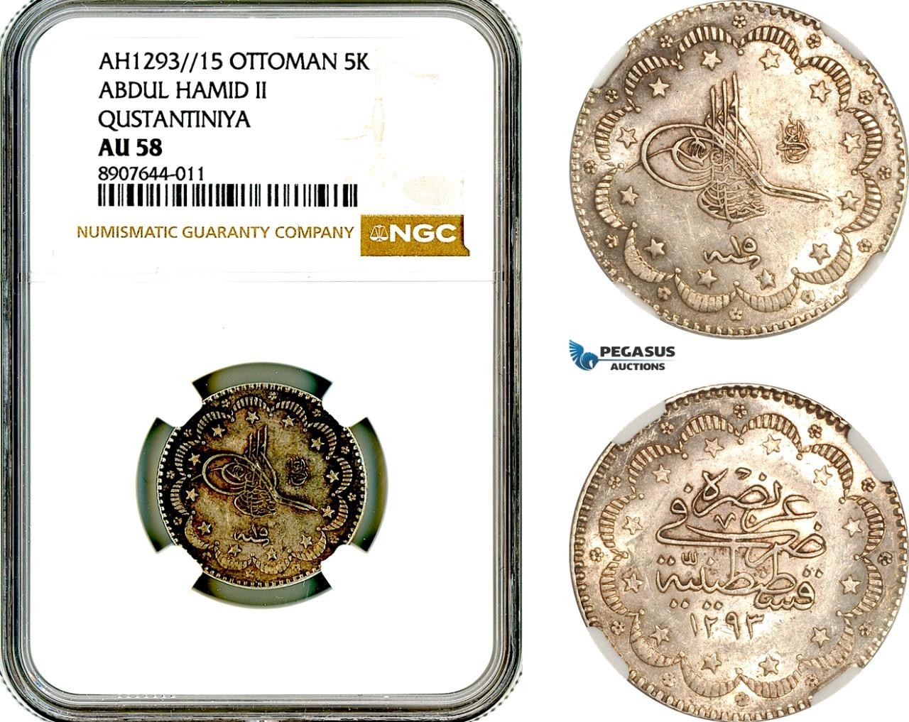 AM447, Turkey, Ottoman Empire, Abdulhamid II, 5 Kurush AH1293//15, NGC AU58