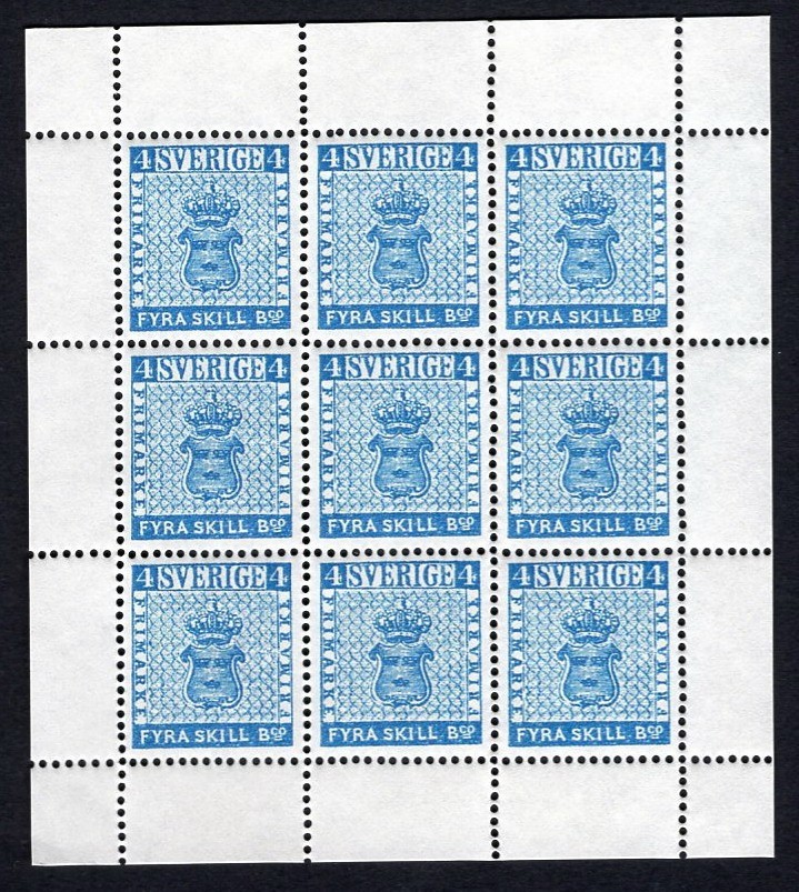 Sweden 1855 First Issue Arms 4sk Blue B/9 Sheet MNH Reproduction Stamp sv
