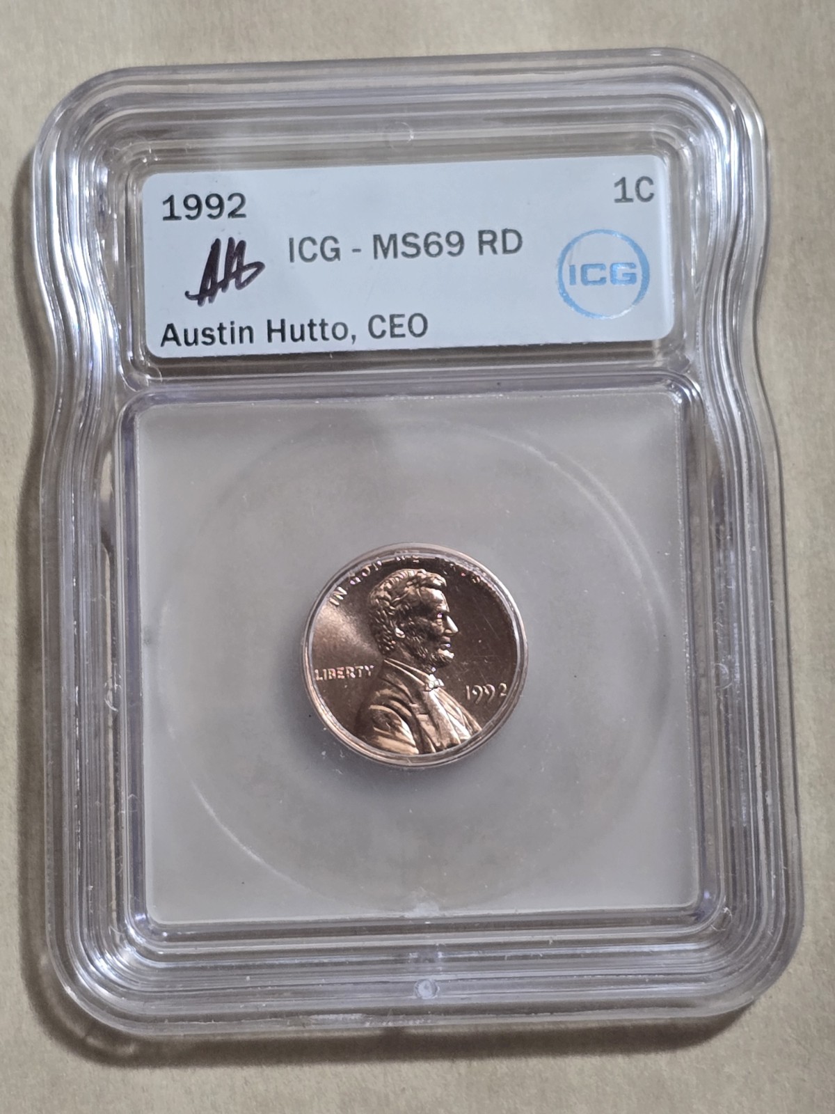 1992 MS 69 Wide AM Lincoln Cent ICG Highly Graded RD Sign by Hutto CEO of ICG