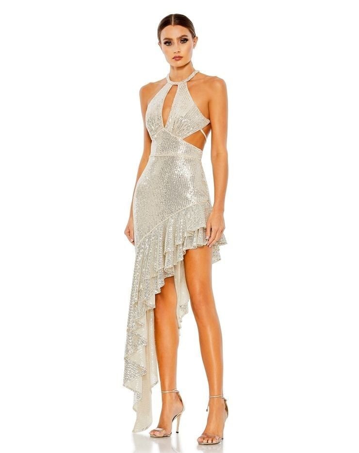 Ieena for Mac Duggal Sequin Ruffle Halter Gown Size 4 Nude NWT Ieena for Mac Duggal Sequin Ruffle Halter Gown Size 4 Nude NWT