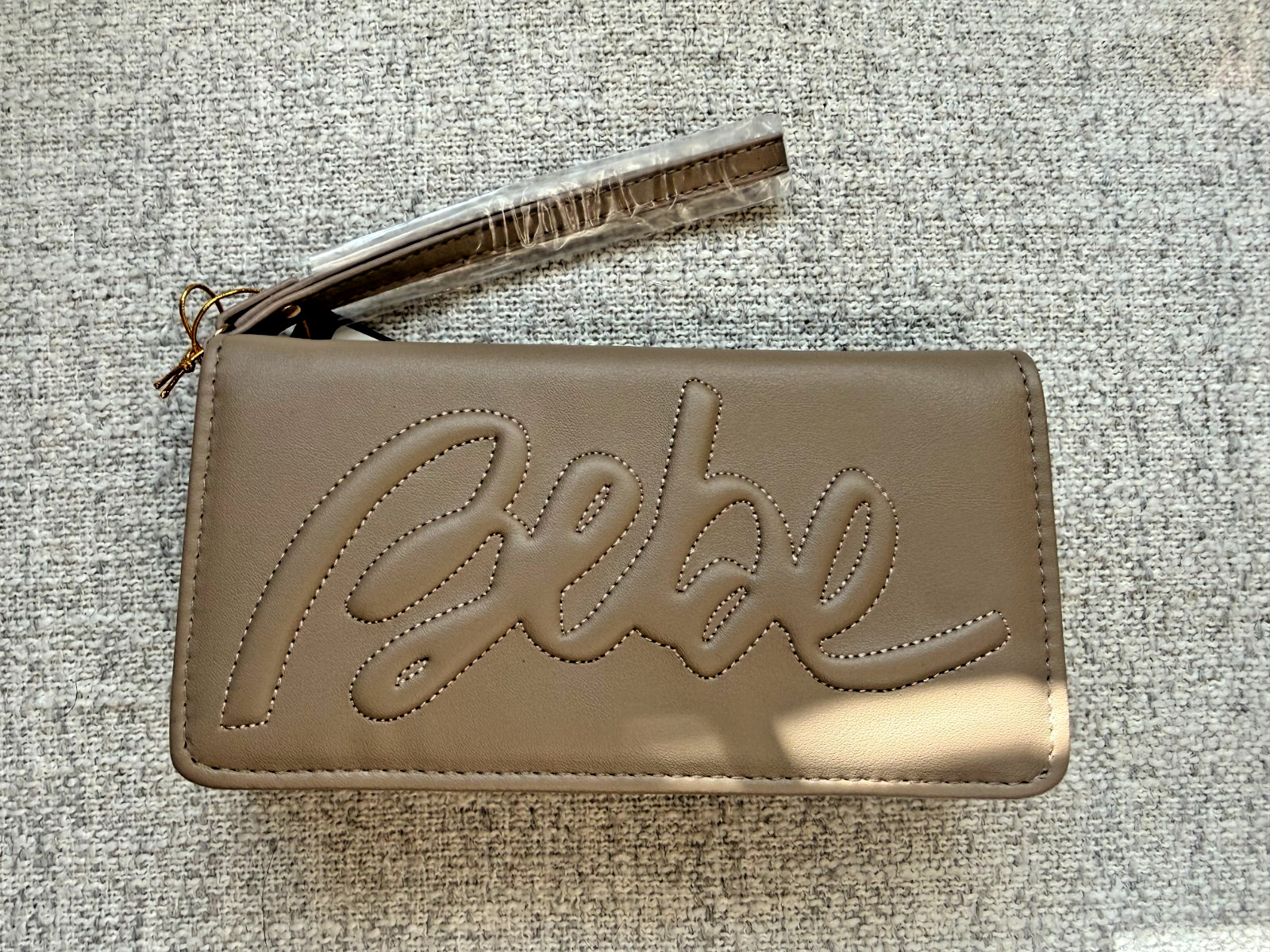Bebe Taupe Logo Trifold Wristlet Wallet Vegan Faux Leather NWT Bebe Taupe Logo Trifold Wristlet Wallet Vegan Faux Leather NWT