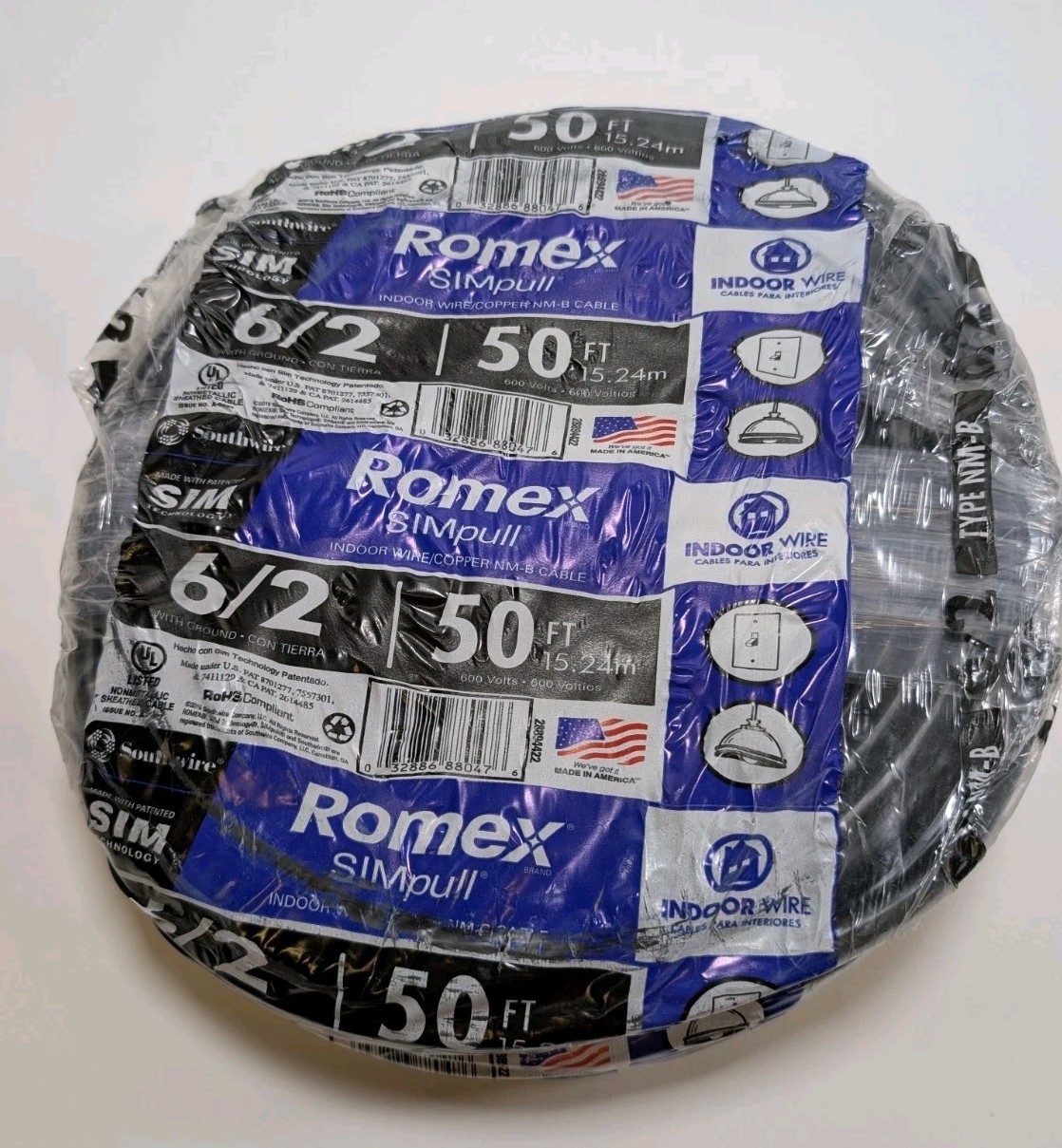 Southwire 50' 6/2 Stranded Romex SIMpull CU NM-B W/G Black Wire Southwire 50' 6/2 Stranded Romex SIMpull CU NM-B W/G Black Wire