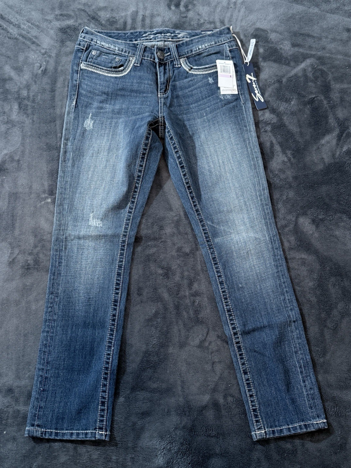 Seven7 Slim Straight Jeans Womens 6 Stretch Distressed Blue Denim NWT