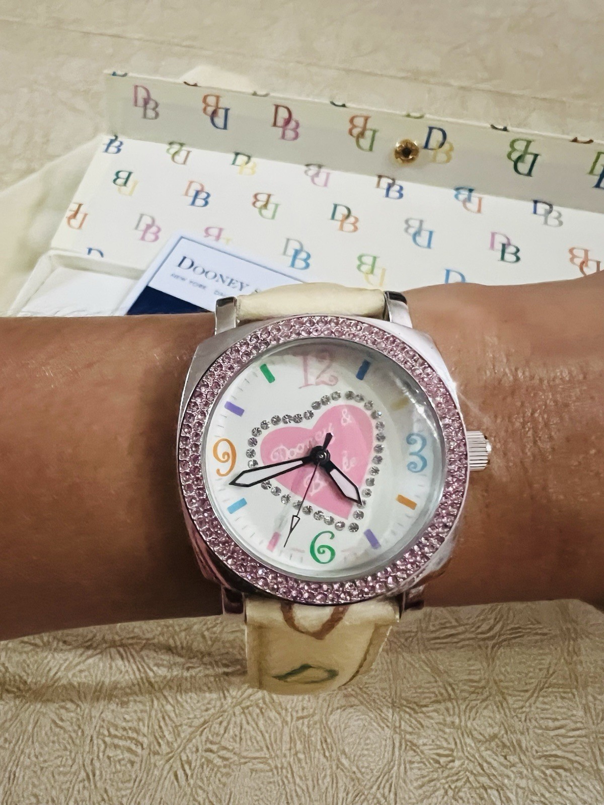 Dooney & Bourke Watch Beige Gold Rhinestone Working With Box