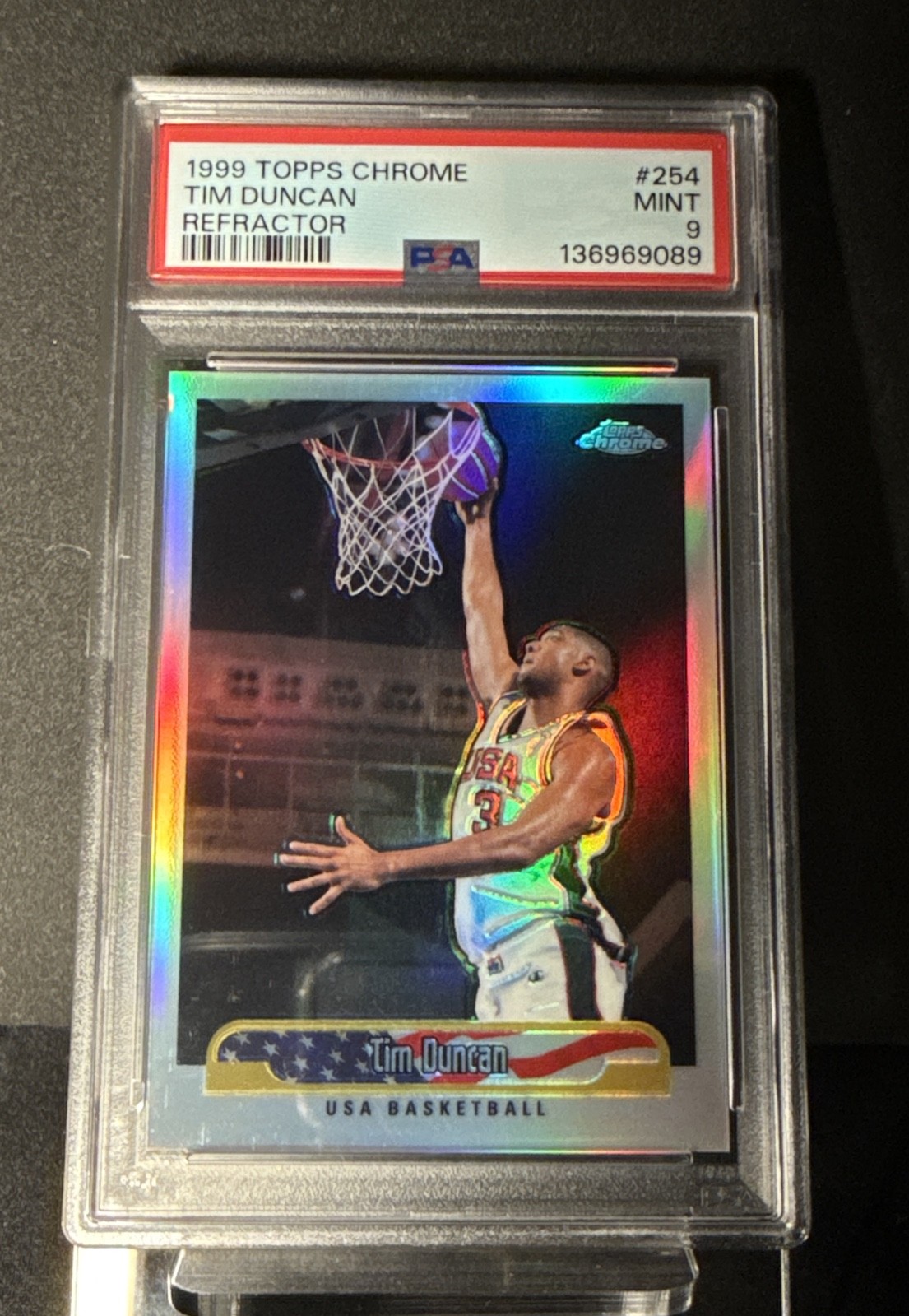 1999-00 Topps Chrome - USA Basketball Tim Duncan #254 Refractor PSA Mint 9 slab 1999-00 Topps Chrome - USA Basketball Tim Duncan #254 Refractor PSA Mint 9 slab