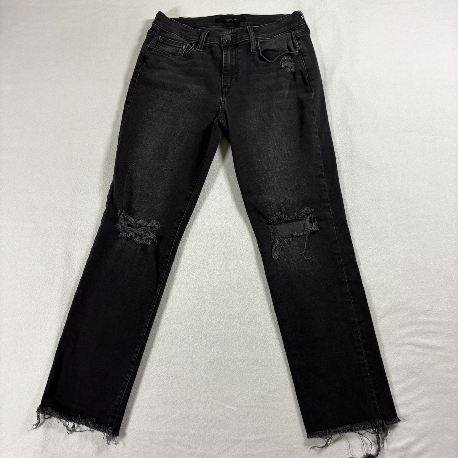 Joe’s Mid Rise Flare Jeans Womens 28 Black Distressed Raw Hem Stretch Denim