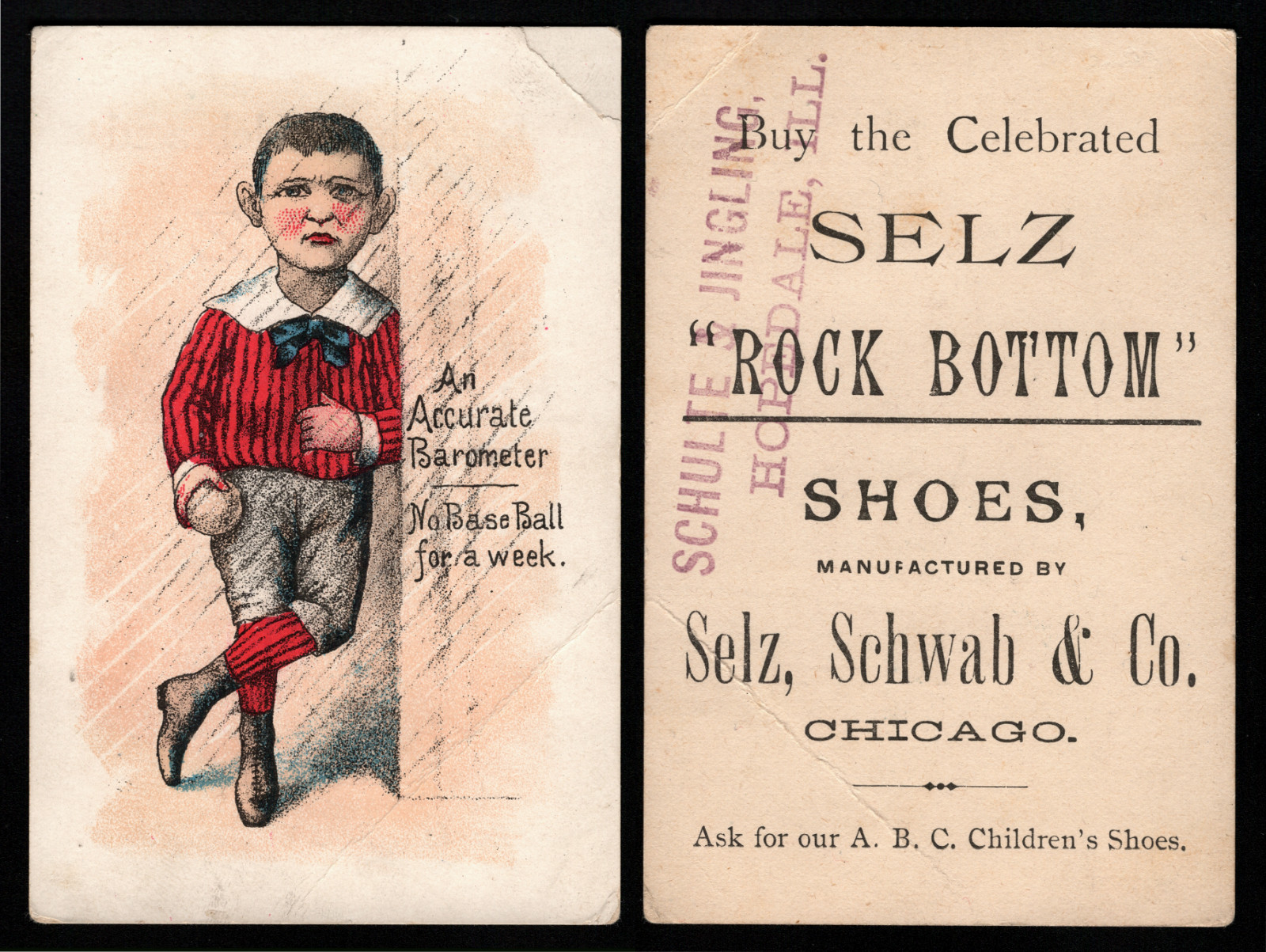 1880s Victorian Baseball Trade Card Selz Rock Bottom Shoes Chicago Hopedale Ill