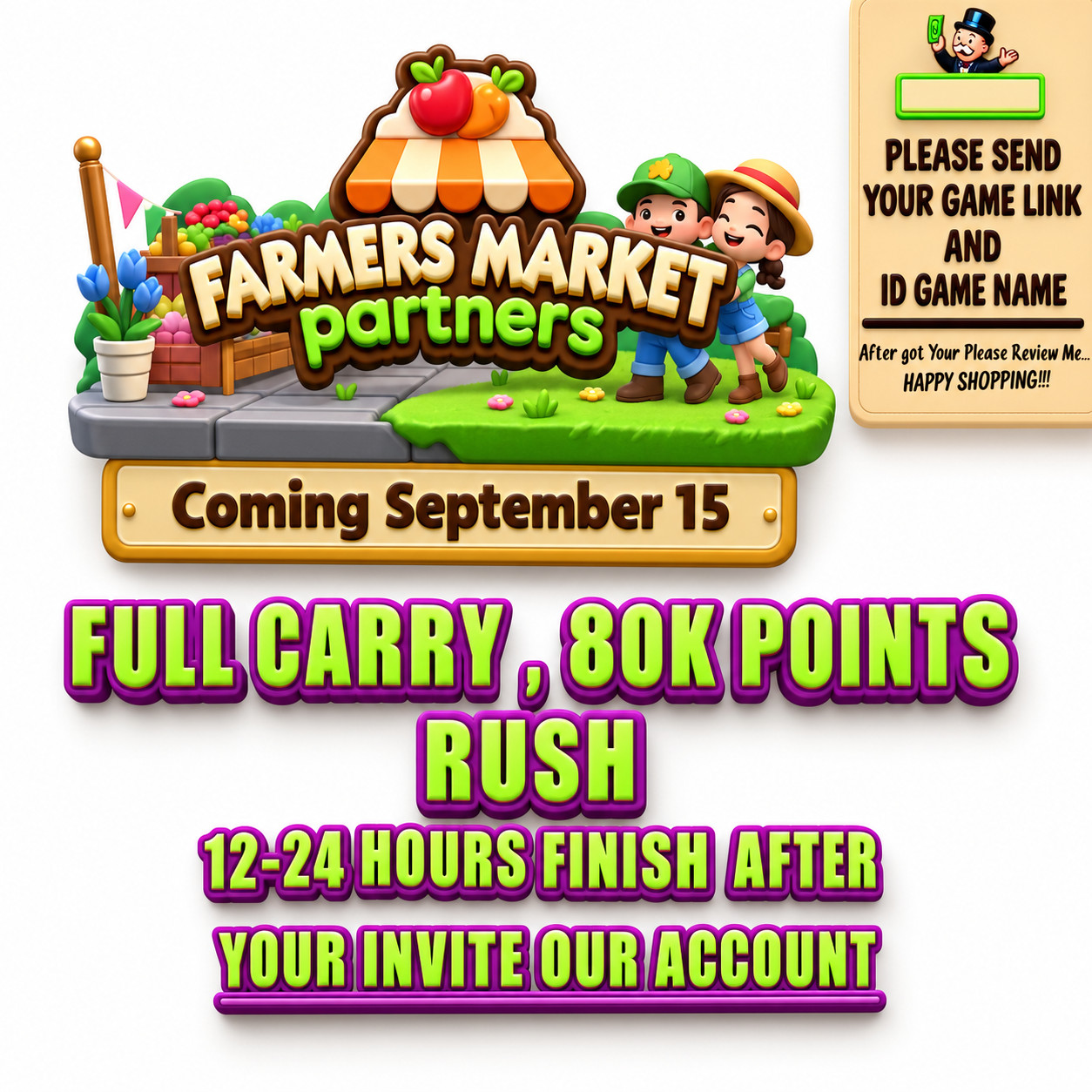 Monopoly_GO 🎉Farmers_Market Partner Event - Full Carry 80K Points⚡12-24 Hours⚡