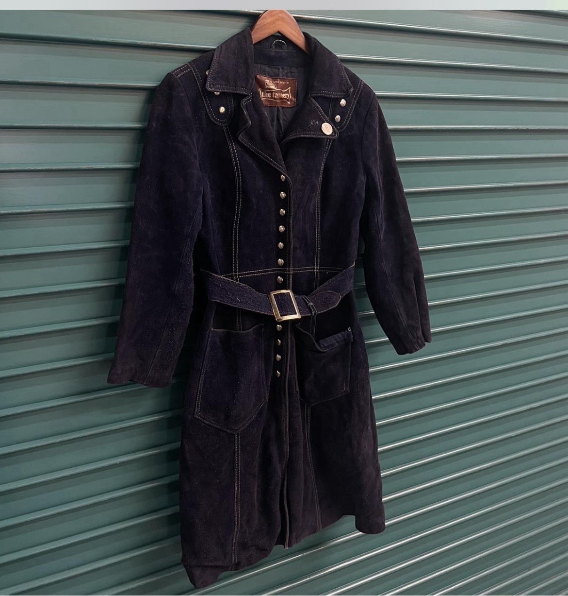 True Vintage 1960s The Tannery Navy Studded Belted Suede Trench True Vintage 1960s The Tannery Navy Studded Belted Suede Trench