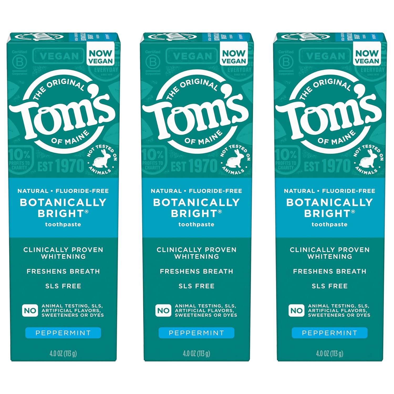 Tom\'s of Maine Botanically Bright Toothpaste-Flouride Free 4oz size / 3pk NEW Tom\'s of Maine Botanically Bright Toothpaste-Flouride Free 4oz size / 3pk NEW
