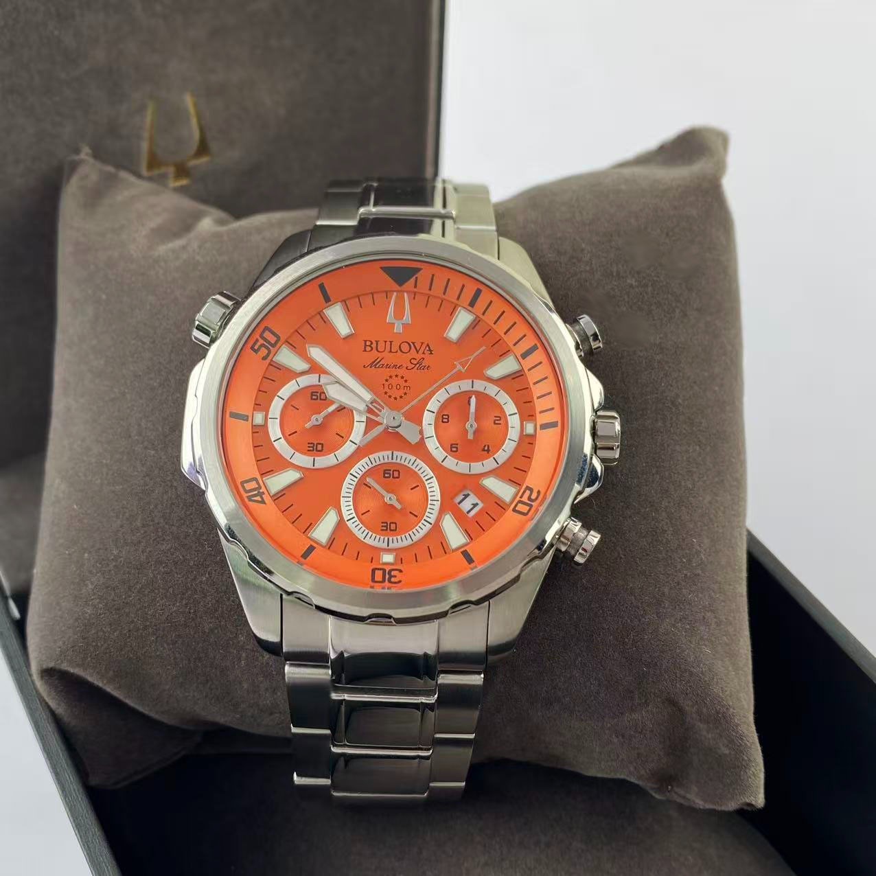 New Bulova Marine Star Men’s Chronograph Quartz Watch Orange Dial 96B395 43 mm