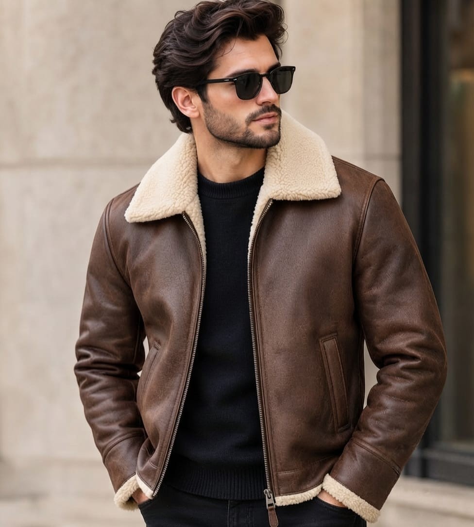 Men\'s Genuine Leather B3 Aviator Bomber Jacket Shearling Fur Collar Flight Coat