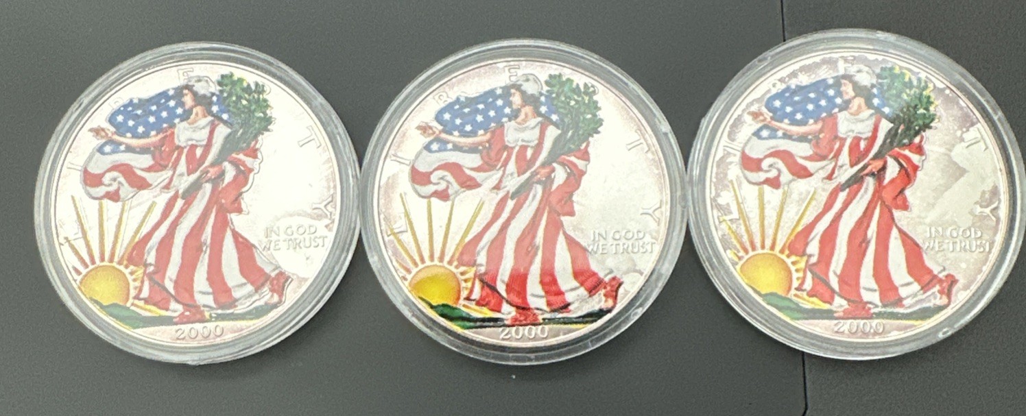 Three 2000 american silver eagles 🦅 Lady Liberty Painted Design - BU