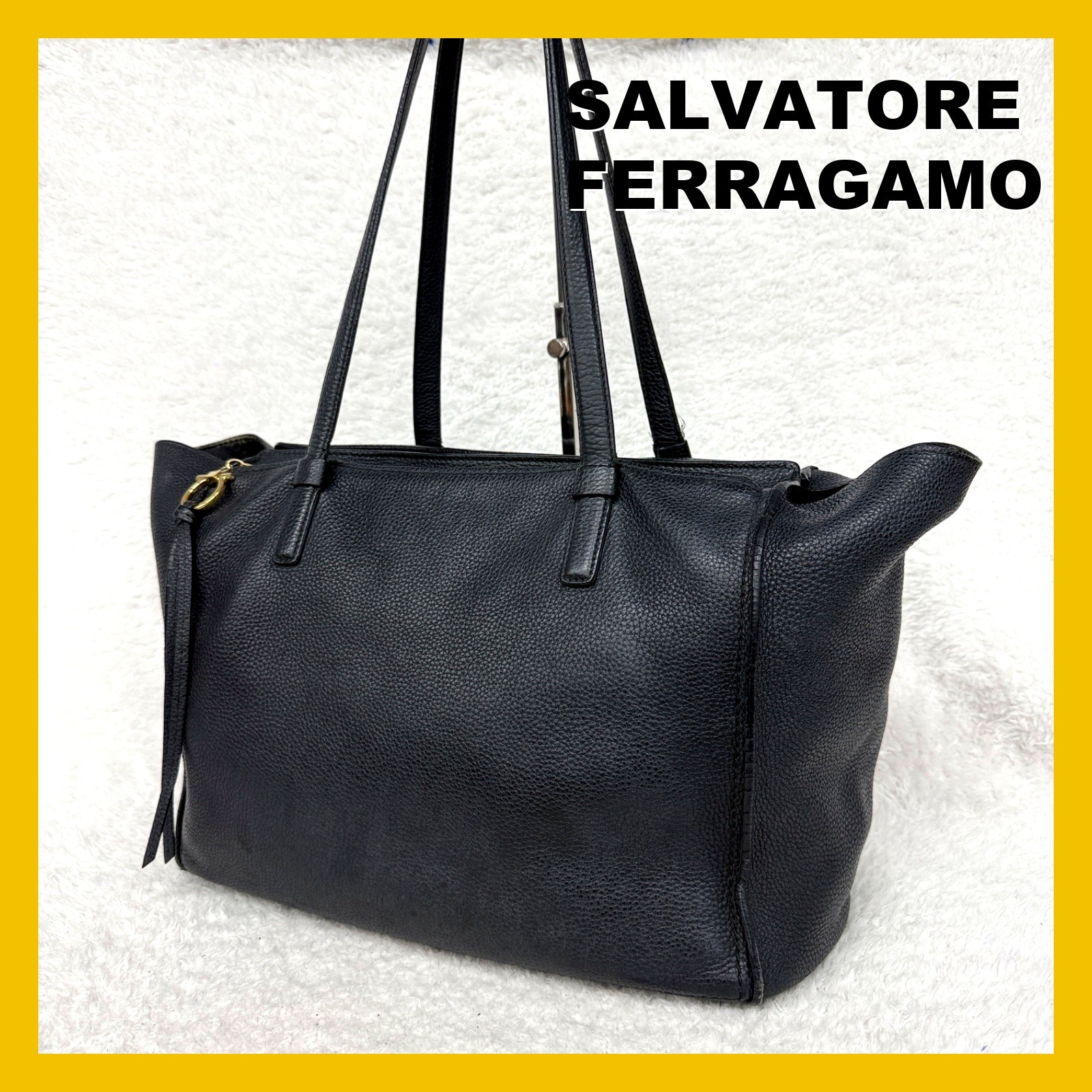 Salvatore Ferragamo Amy Tote Bag Black Grained Leather Gold Hardware Italy