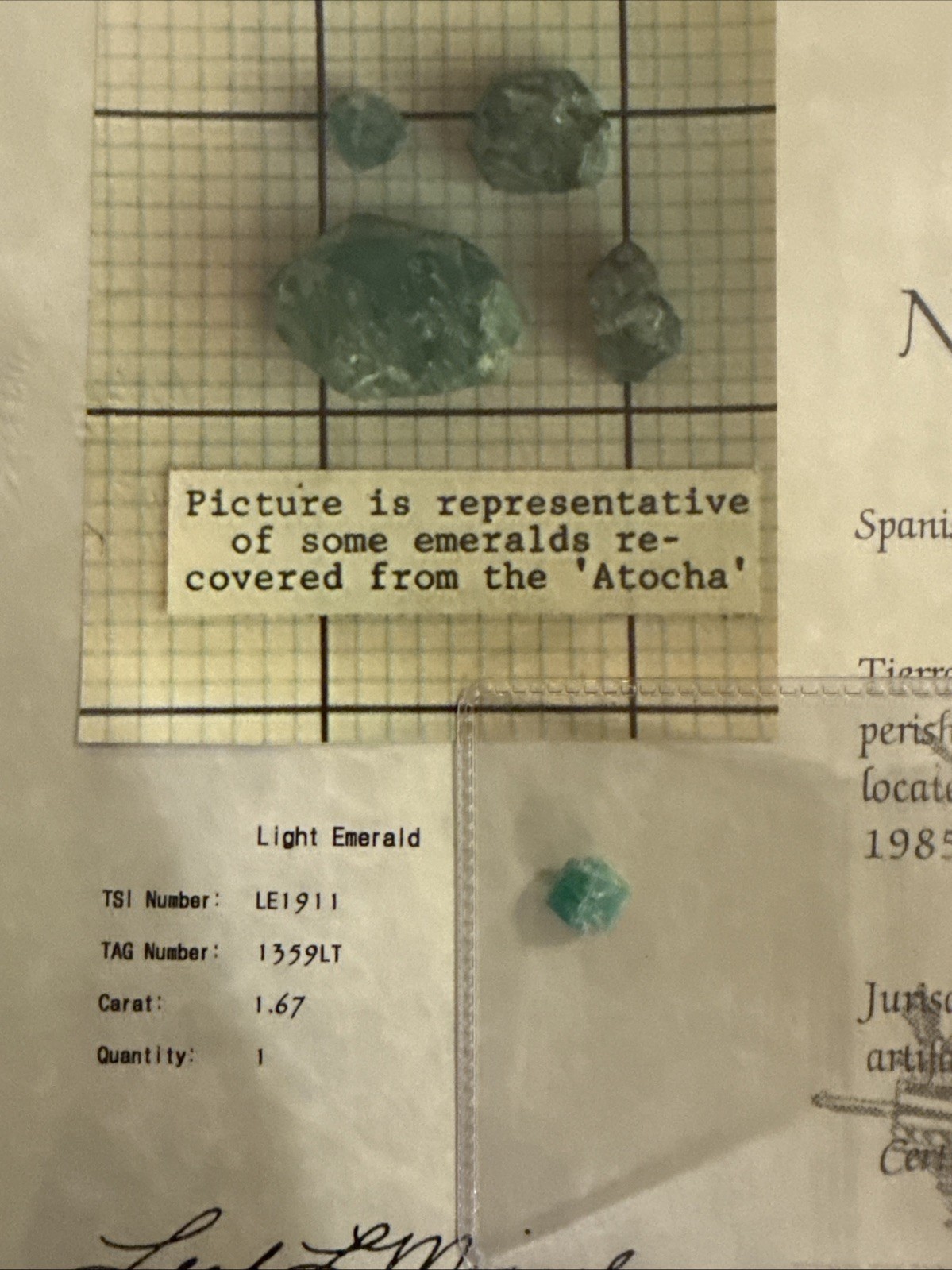 Authentic 1622 Atocha Emerald 1.67CT Mel Fisher COA Treasure Salvors Rare