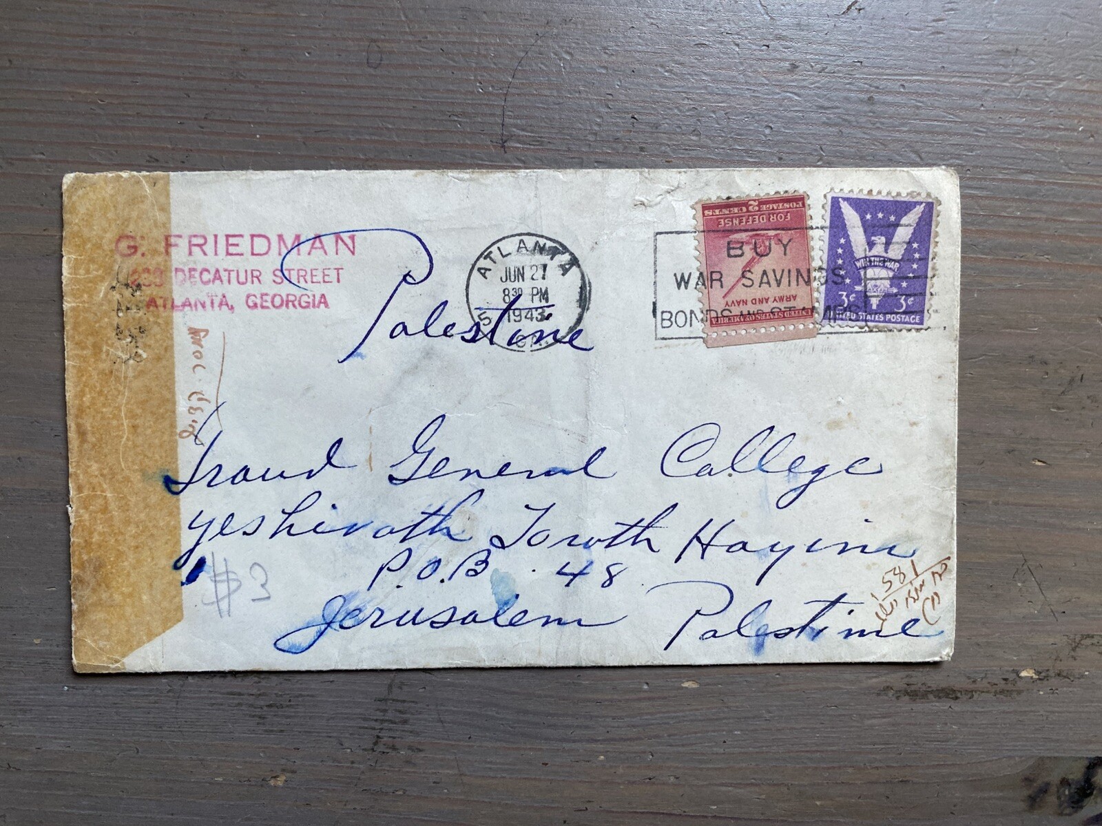 Palestine 1943 Cover Envelope from US to Torat Haim Judaica