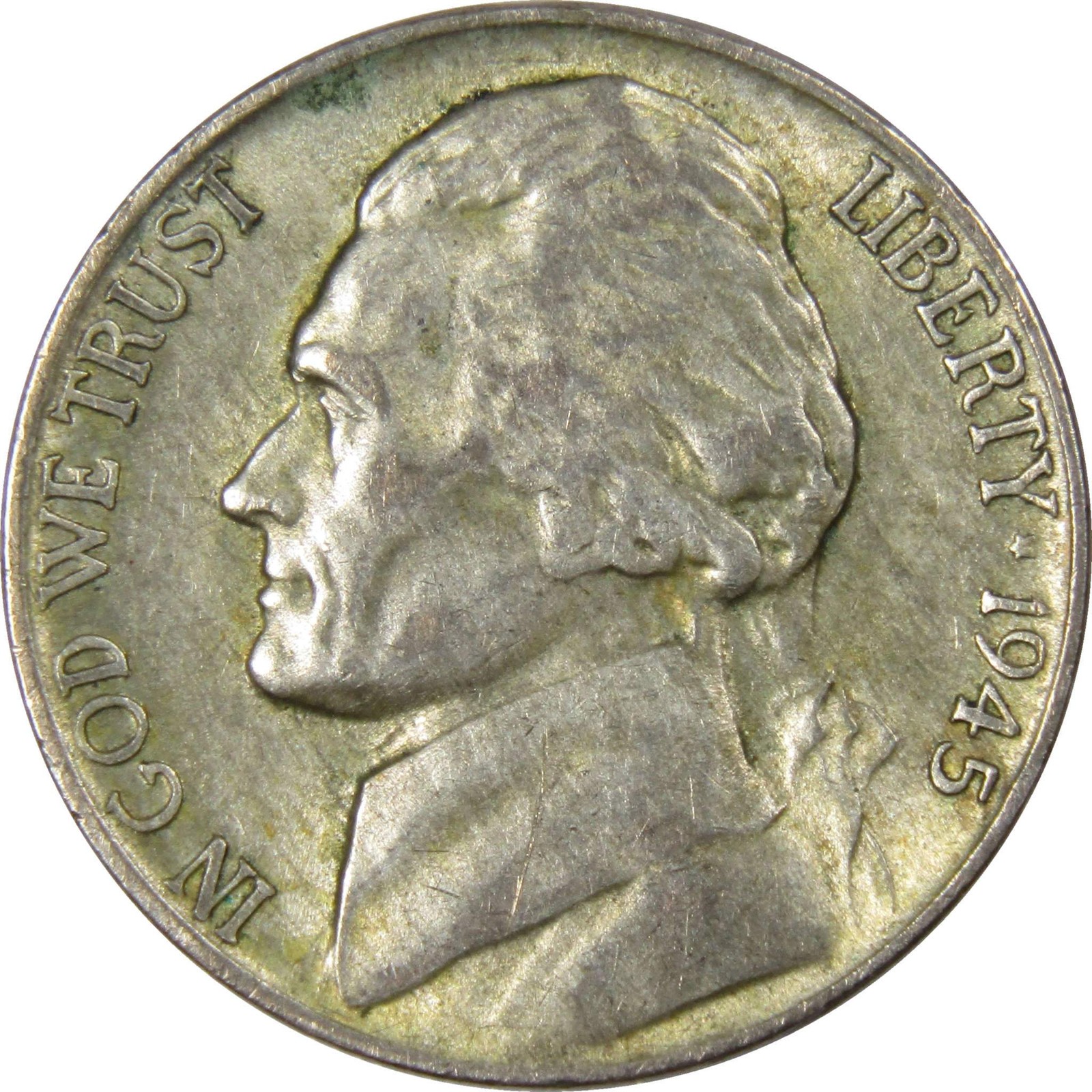 1945 P Jefferson Wartime Silver Nickel Circulated 5c Coin Collectible