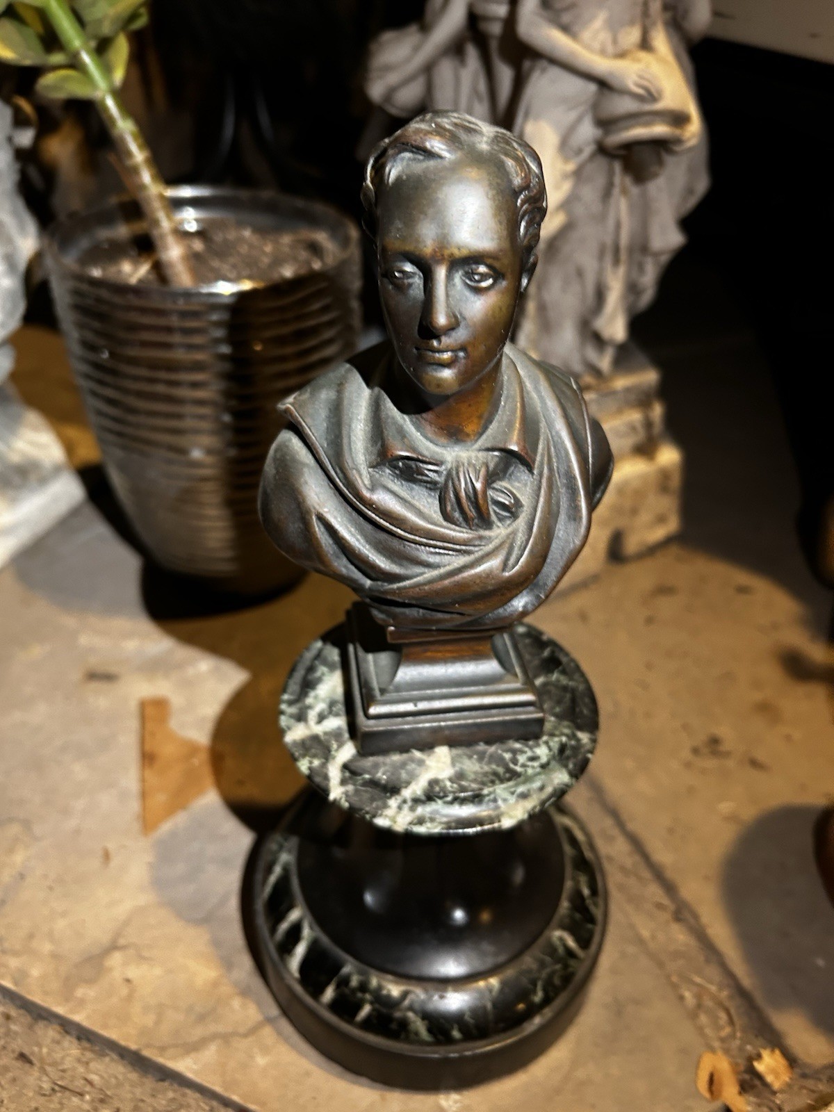 Vintage Patinated Bronze Bust of Young Man on Green Marble Base