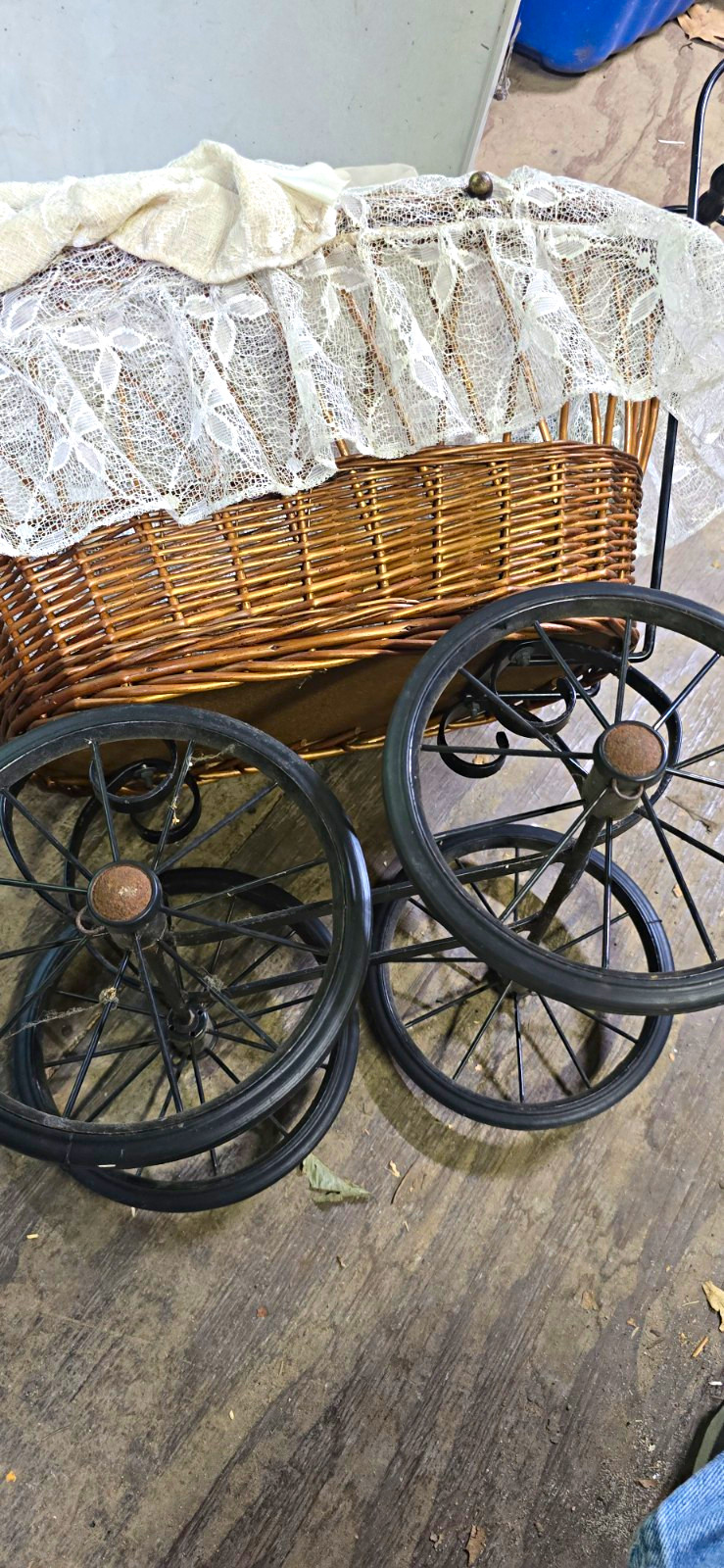 Vintage Wicker Baby Carriage Buggy w/ Lace Canopy, Metal Spoked Wheels Brown Vintage Wicker Baby Carriage Buggy w/ Lace Canopy, Metal Spoked Wheels Brown