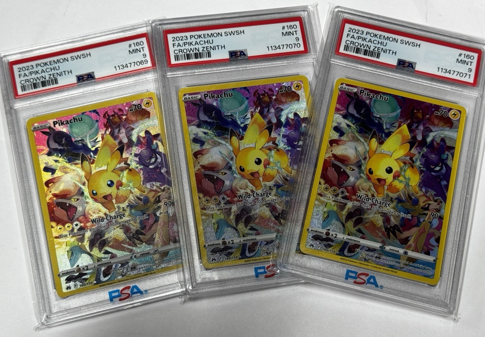 3x Pokemon TCG 2023 Crown Zenith Pikachu 160/159 Secret Rare Full Art Holo PSA 9