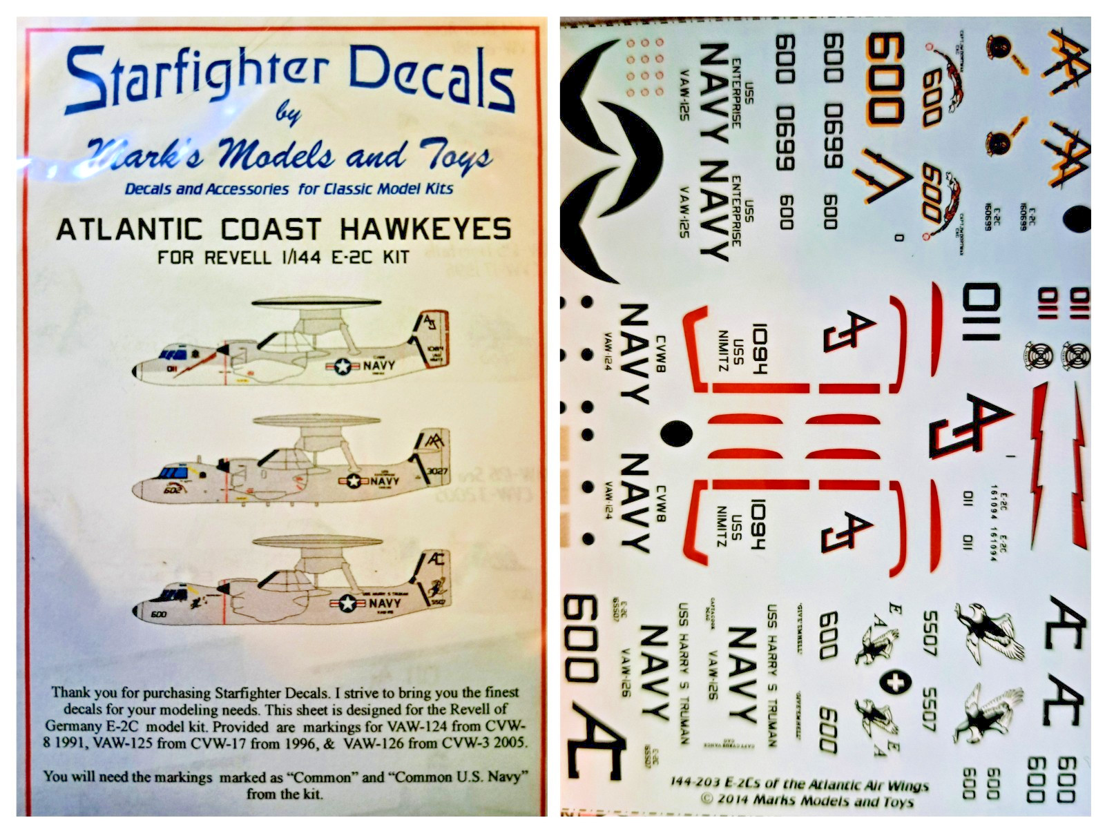 Starfighter 1/144 E-2C Hawkeyes Atlantic Coast AWACS VAW-124/125/126 USN Decals