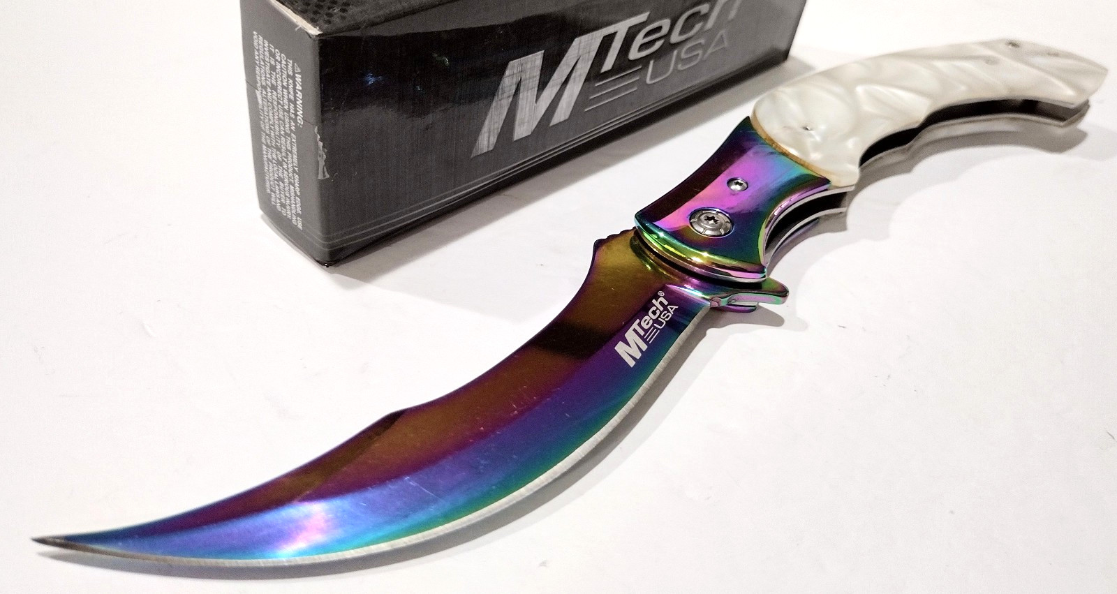 MTECH A/O Large Curved Blade MOP Pearl Tactical Linerlock Folding Pocket Knife MTECH A/O Large Curved Blade MOP Pearl Tactical Linerlock Folding Pocket Knife