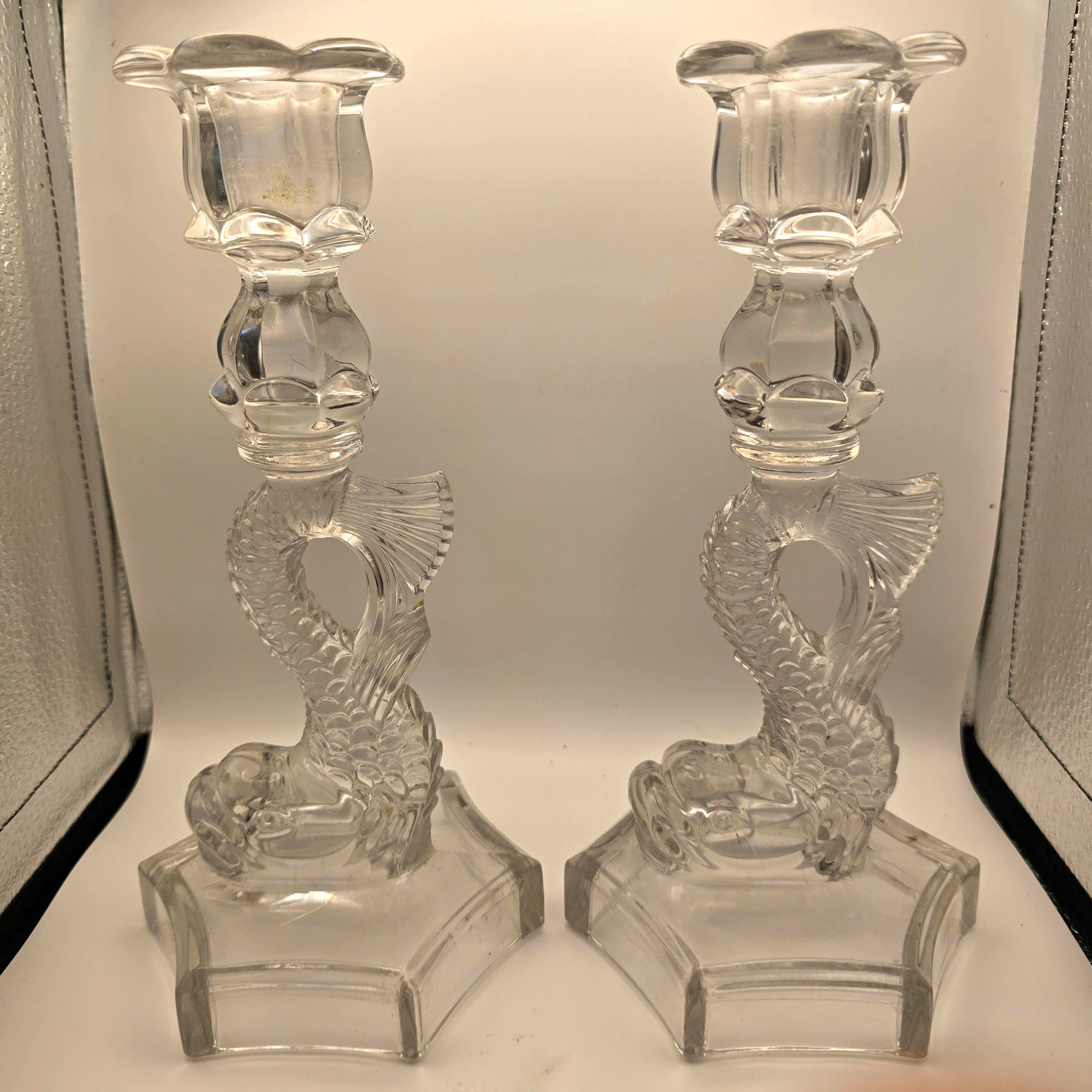 Antique Boston & Sandwich Glass Dolphin Candlesticks Pair Hex Base 9.25\