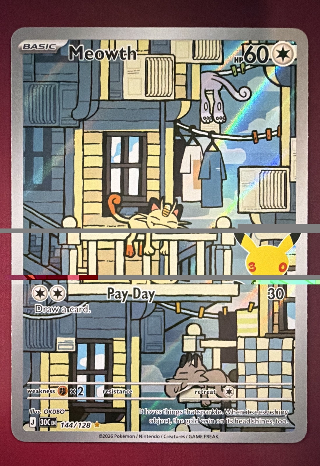 Meowth 144/128 Me: 30th Celebration Illustration Rare Holo Meowth 144/128 Me: 30th Celebration Illustration Rare Holo