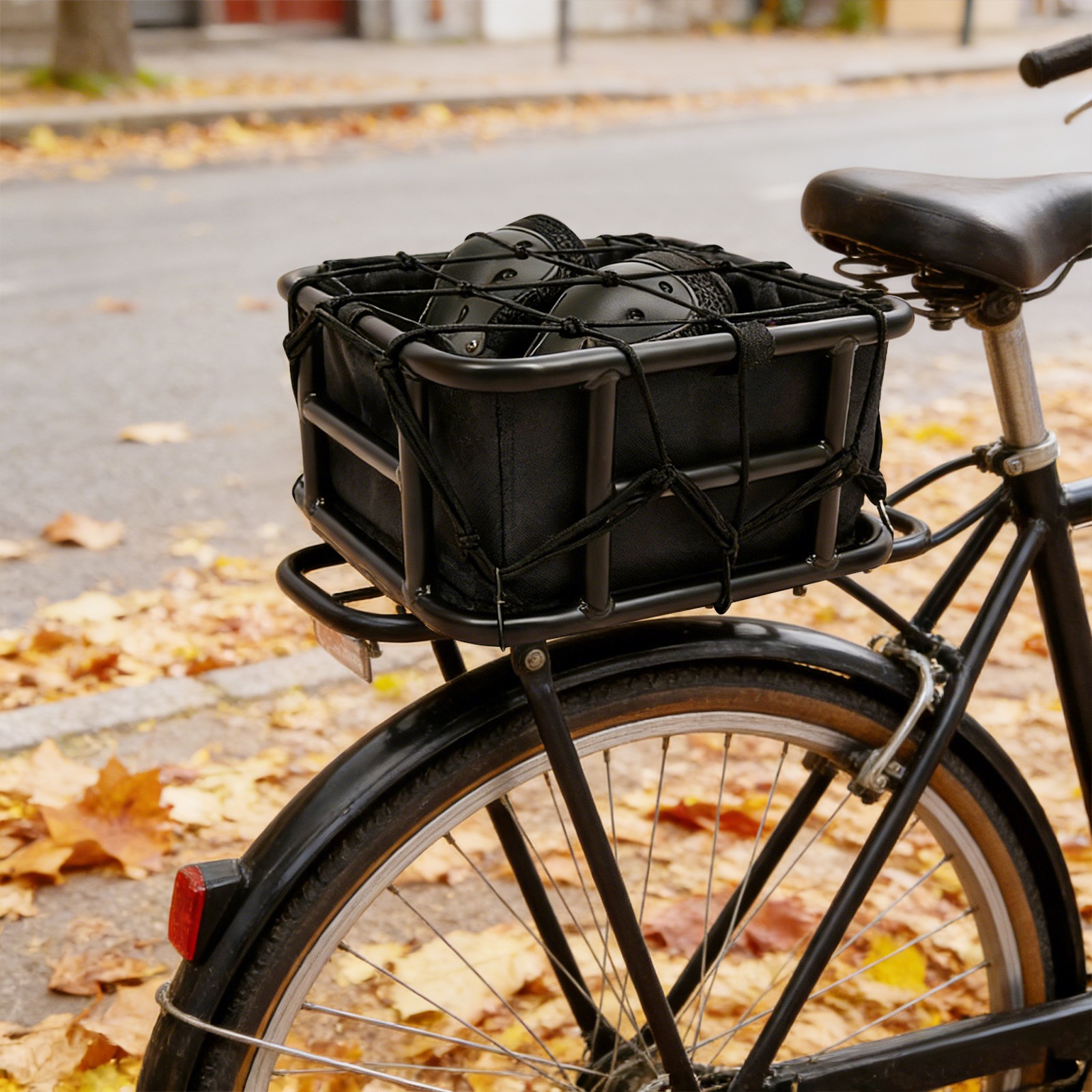 Black Iron Bicycle Basket Rear Bike Basket W/ Luggage Net And Basket Inner Liner