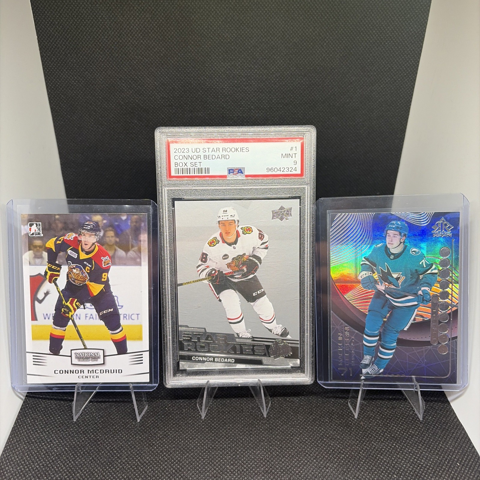 Ultimate NHL RC Lot, PSA 9 UD C Bedard, 2015 Leaf C Mcdavid, 2024 UD M Celebrini