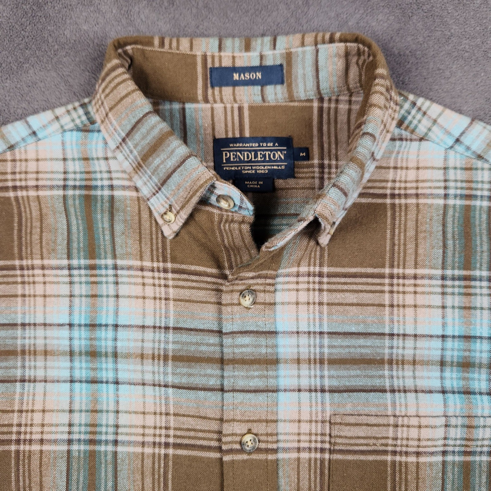 Pendleton Mason Shirt Mens Medium Brown Blue Plaid Cotton Button Up Long Sleeve