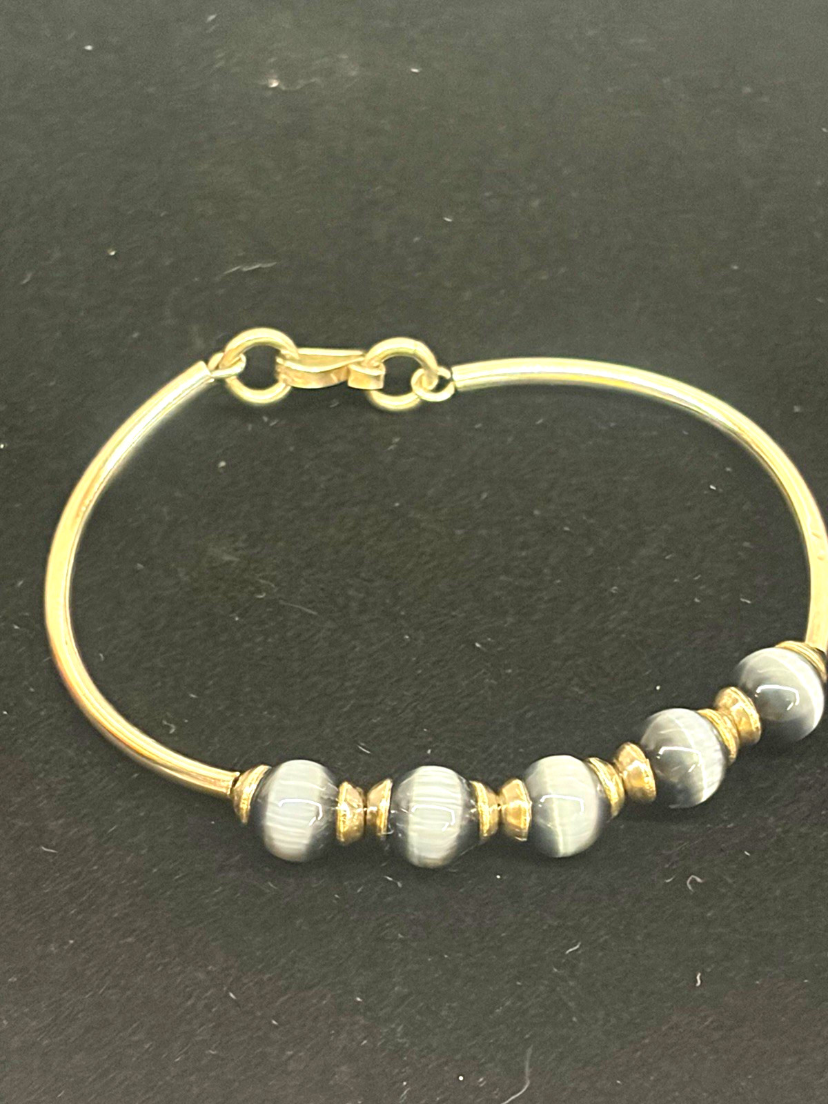 Vintage Farfan Mexico 925 Marked Gray Cat\'s-Eye Bead Tubular Bangle Bracelet Vintage Farfan Mexico 925 Marked Gray Cat\'s-Eye Bead Tubular Bangle Bracelet