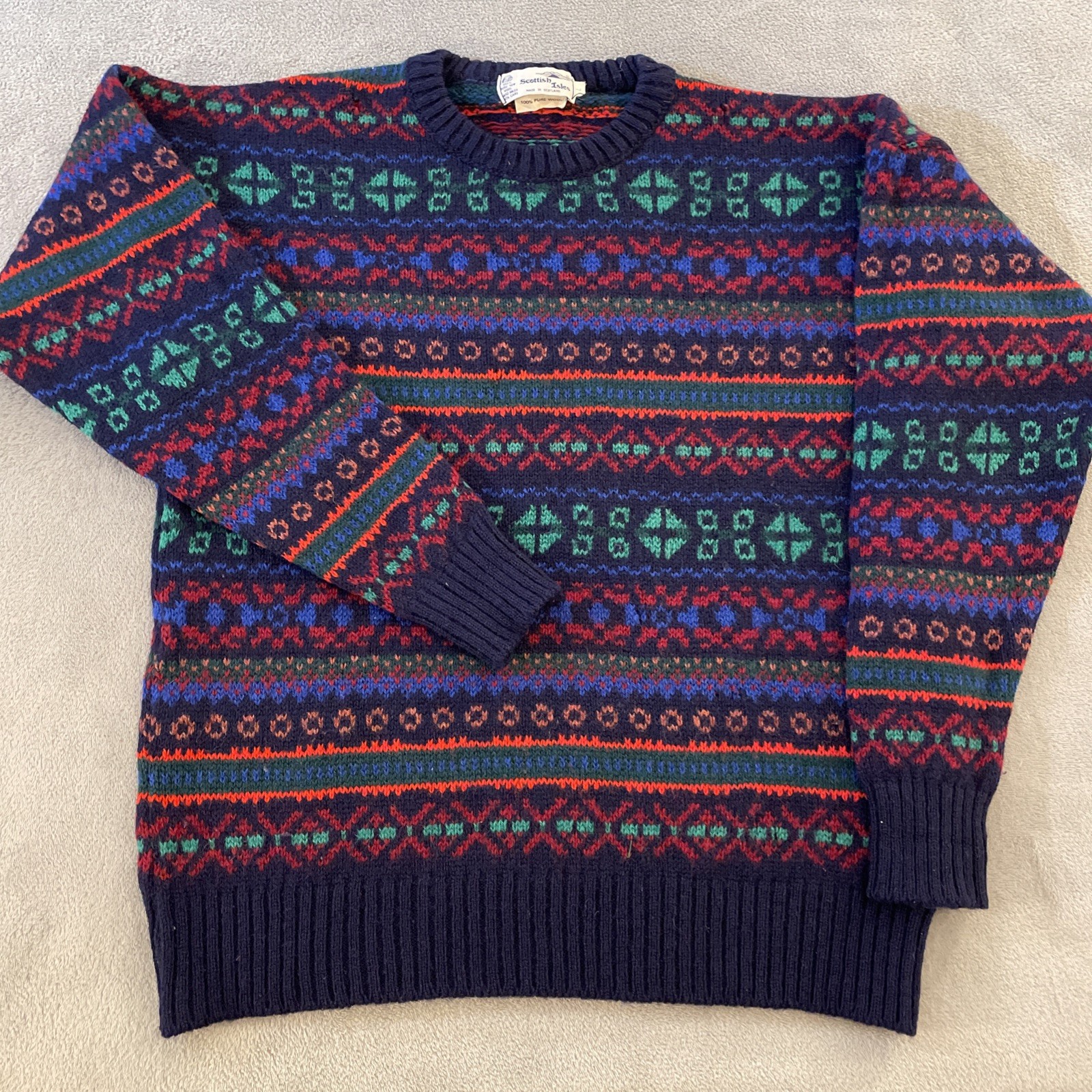 Vintage Scottish Isles 100% Wool Sweater Jumper Men\'s Large Fair Isle Geometric Vintage Scottish Isles 100% Wool Sweater Jumper Men\'s Large Fair Isle Geometric