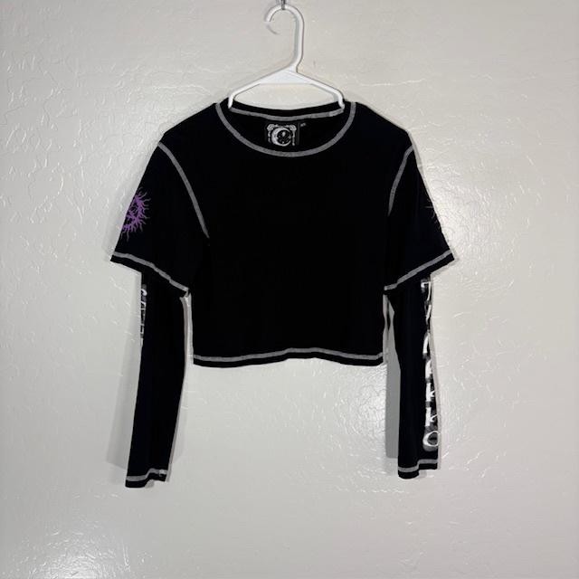 Killstar Shirt Womens XS Black Cropped Long Sleeve Gothic Layered Graphic Top